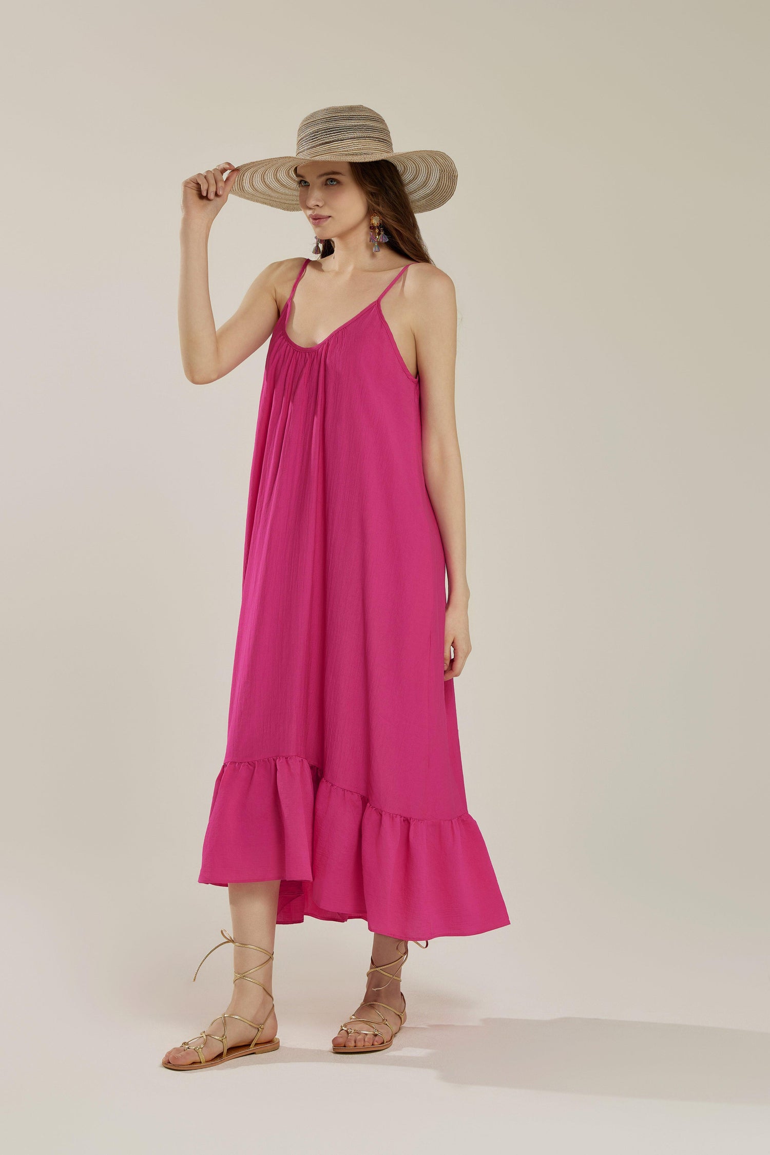 Waterfall Gathered Ruffle Low Back Maxi Dress - Fuchsia - noflik