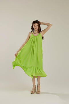 Waterfall Gathered Ruffle Low Back Maxi Dress - Lime - noflik