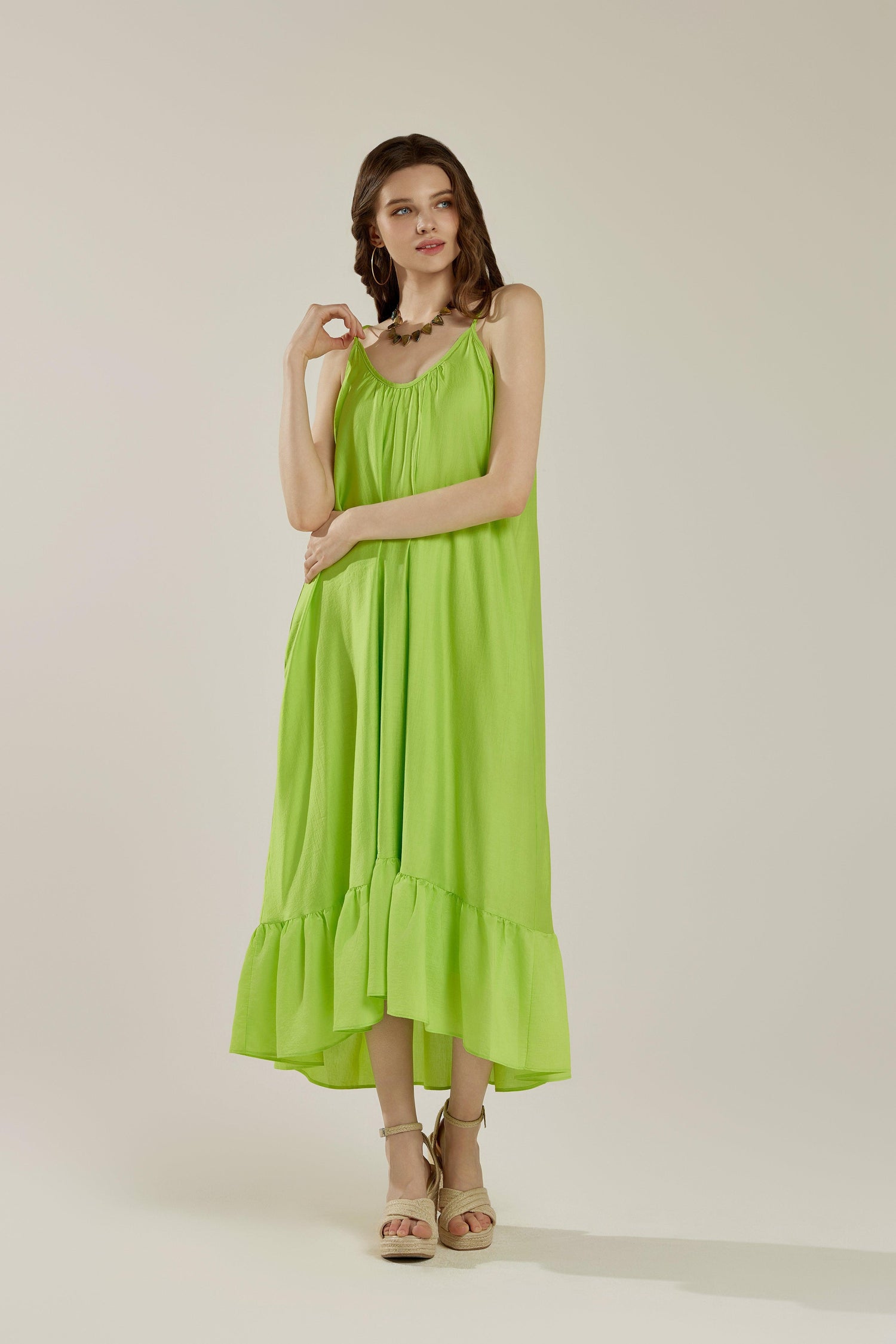 Waterfall Gathered Ruffle Low Back Maxi Dress - Lime - noflik