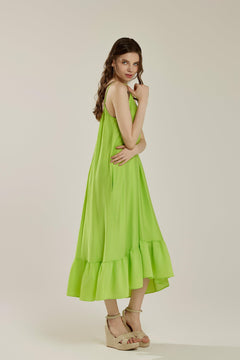 Waterfall Gathered Ruffle Low Back Maxi Dress - Lime - noflik