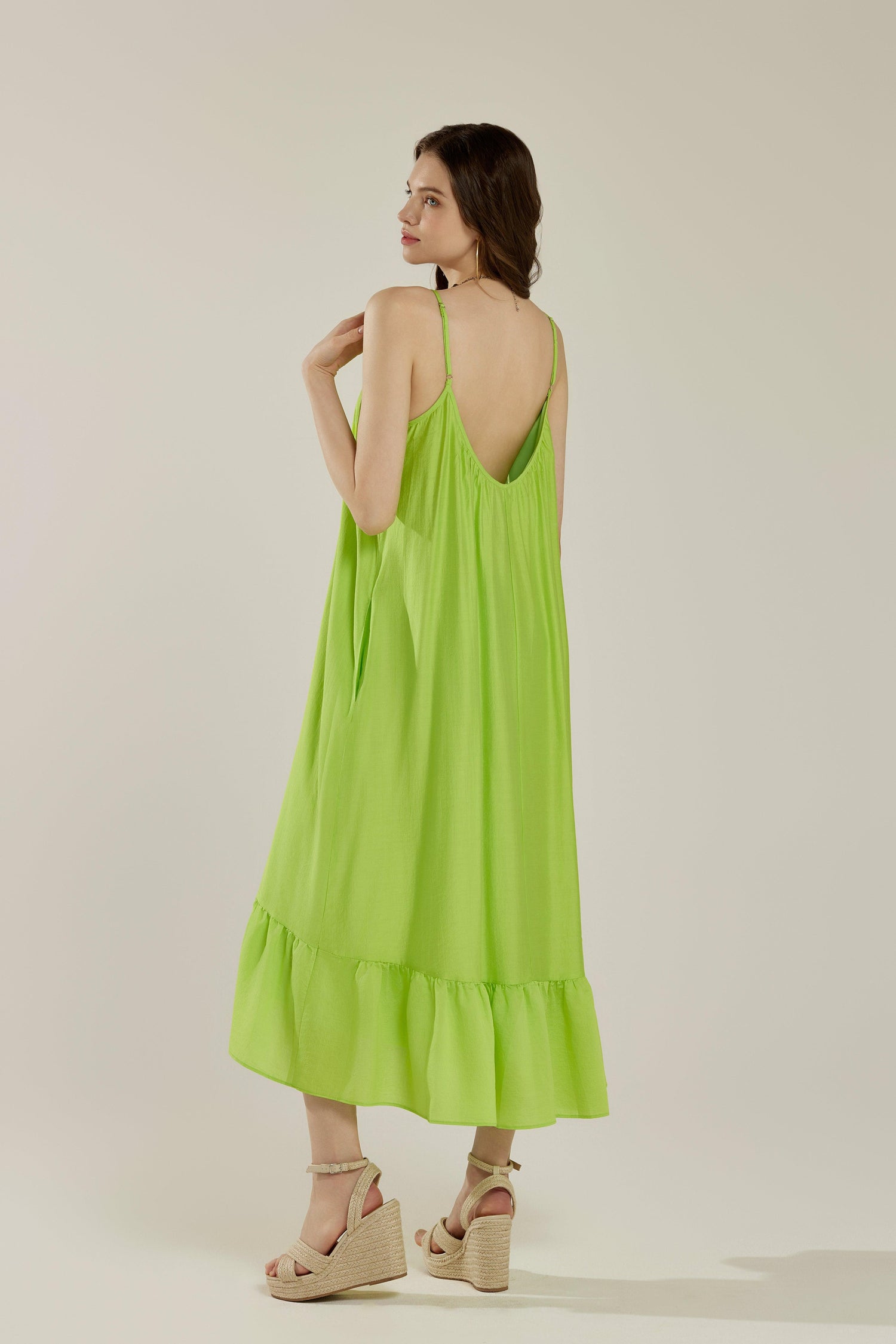 Waterfall Gathered Ruffle Low Back Maxi Dress - Lime - noflik