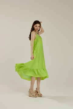 Waterfall Gathered Ruffle Low Back Maxi Dress - Lime - noflik