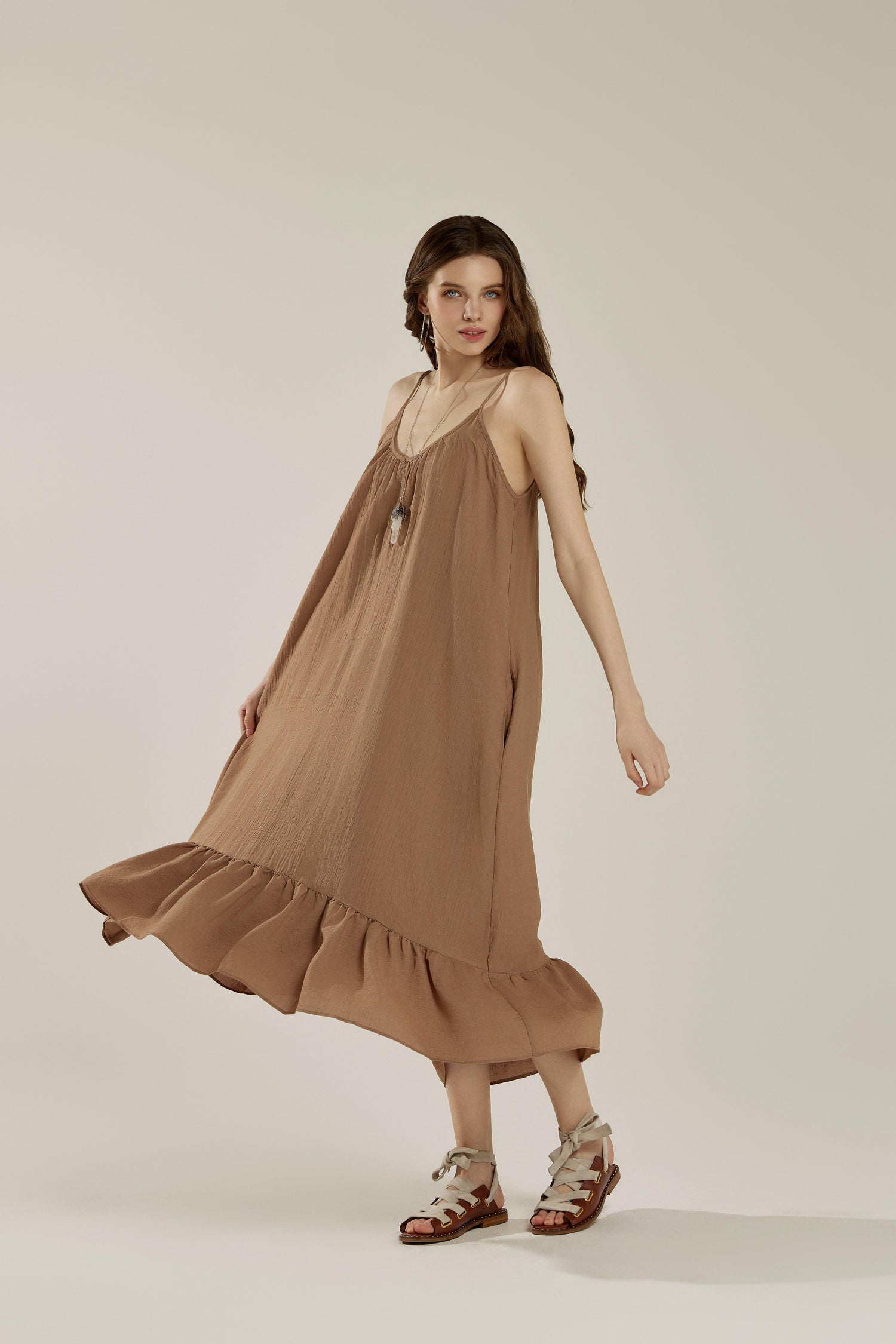 Waterfall Gathered Ruffle Low Back Maxi Dress - Mocha - noflik