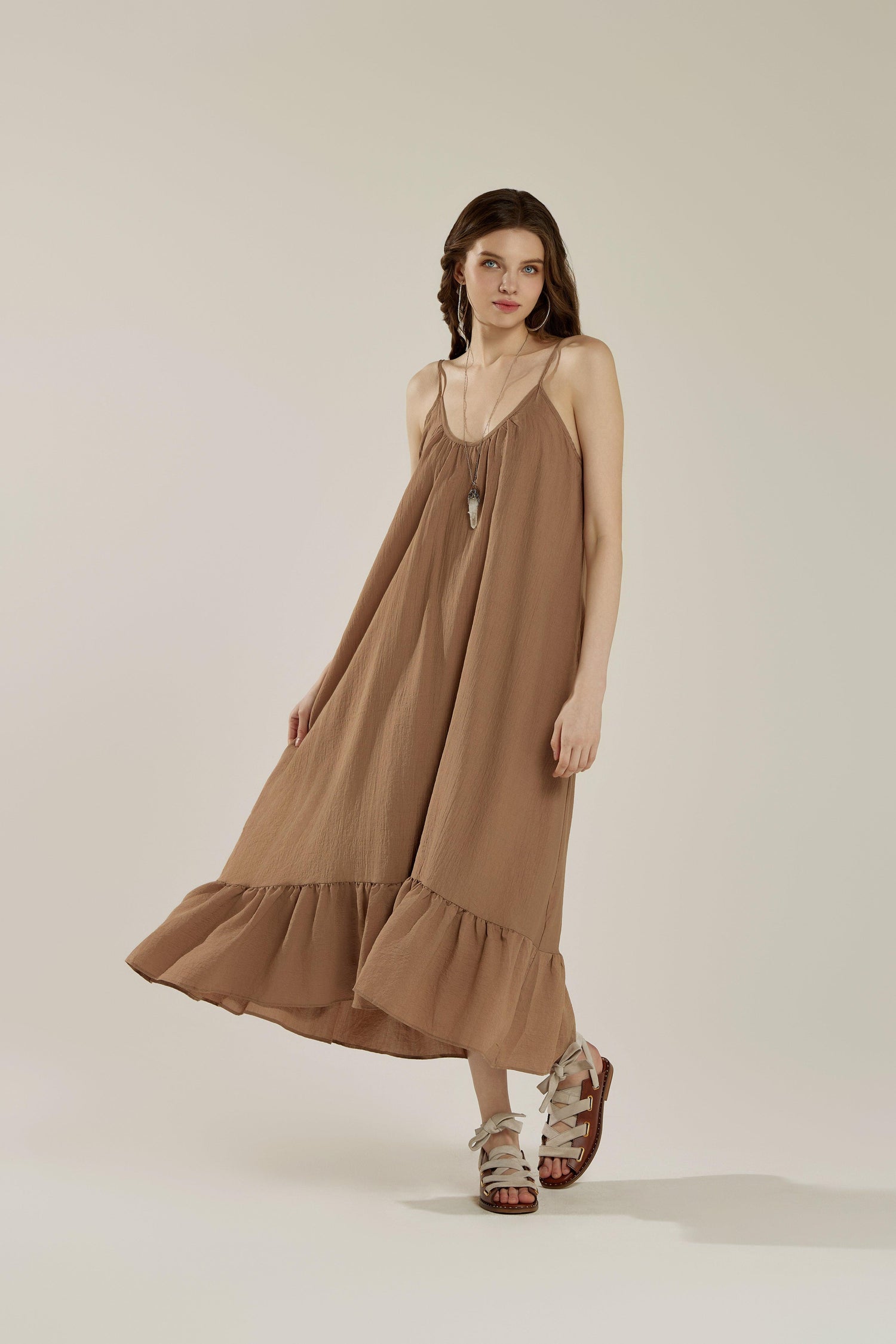 Waterfall Gathered Ruffle Low Back Maxi Dress - Mocha - noflik