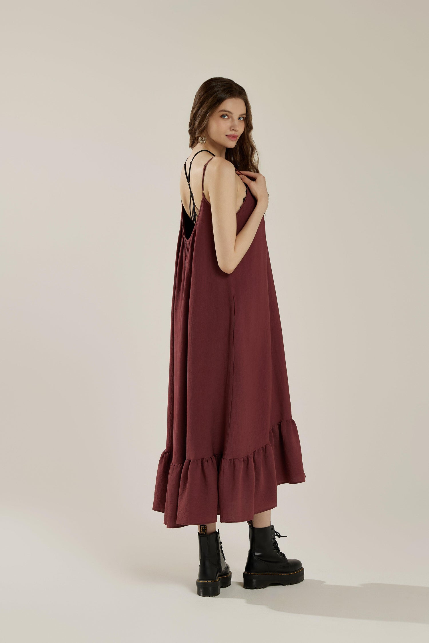 Waterfall Gathered Ruffle Low Back Maxi Dress - Nutshell - noflik