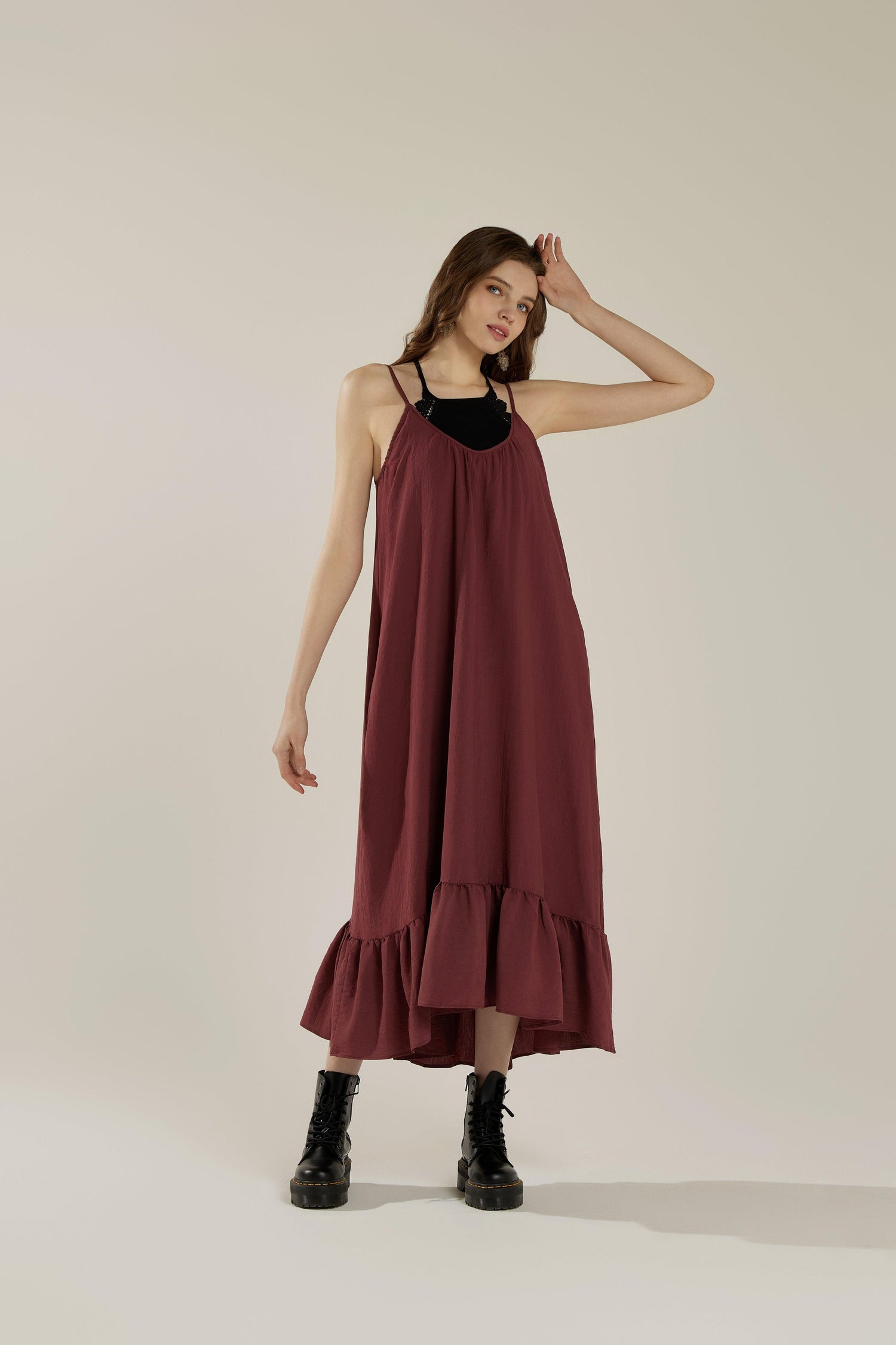 Waterfall Gathered Ruffle Low Back Maxi Dress - Nutshell - noflik