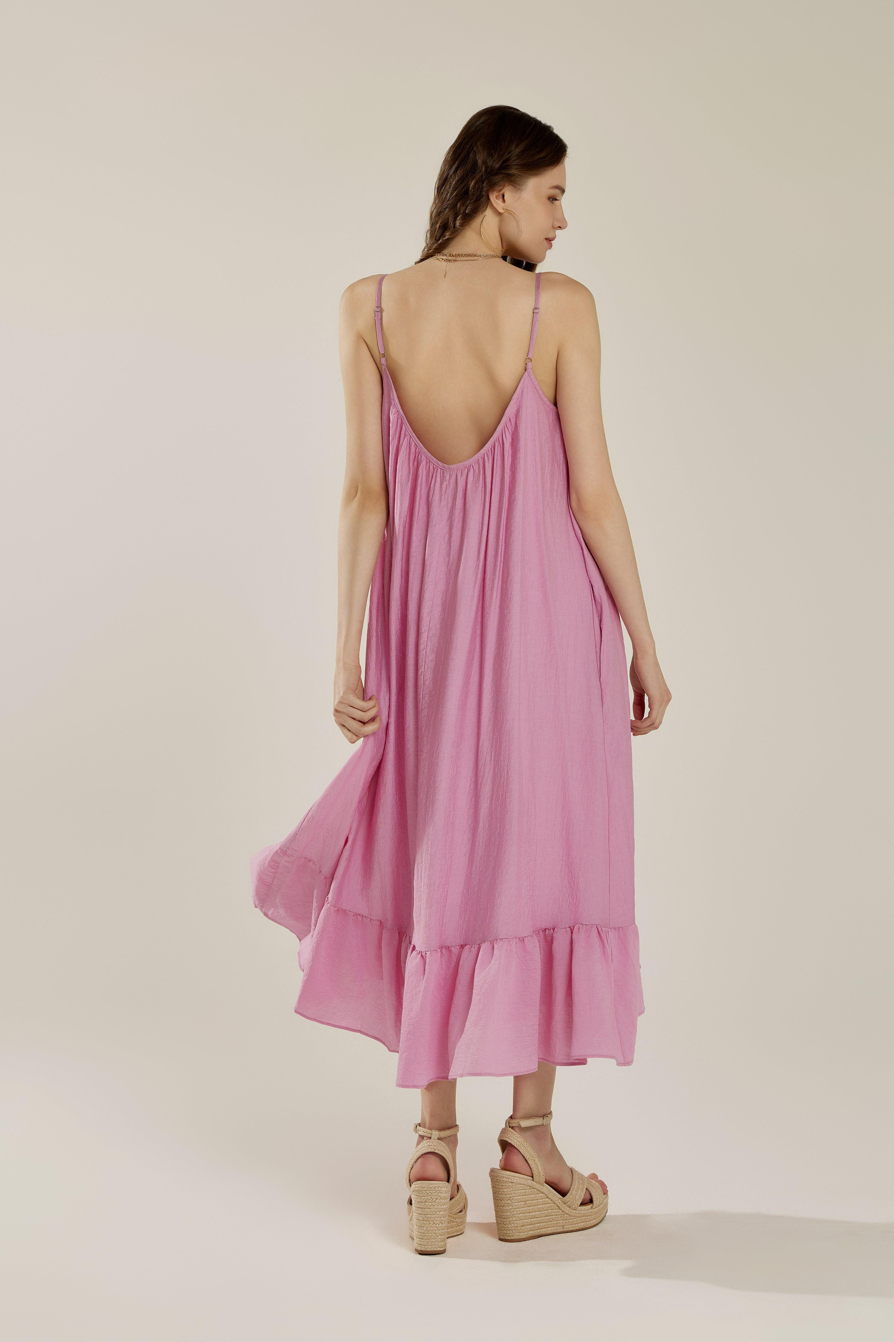 Waterfall Gathered Ruffle Low Back Maxi Dress - Pink - noflik