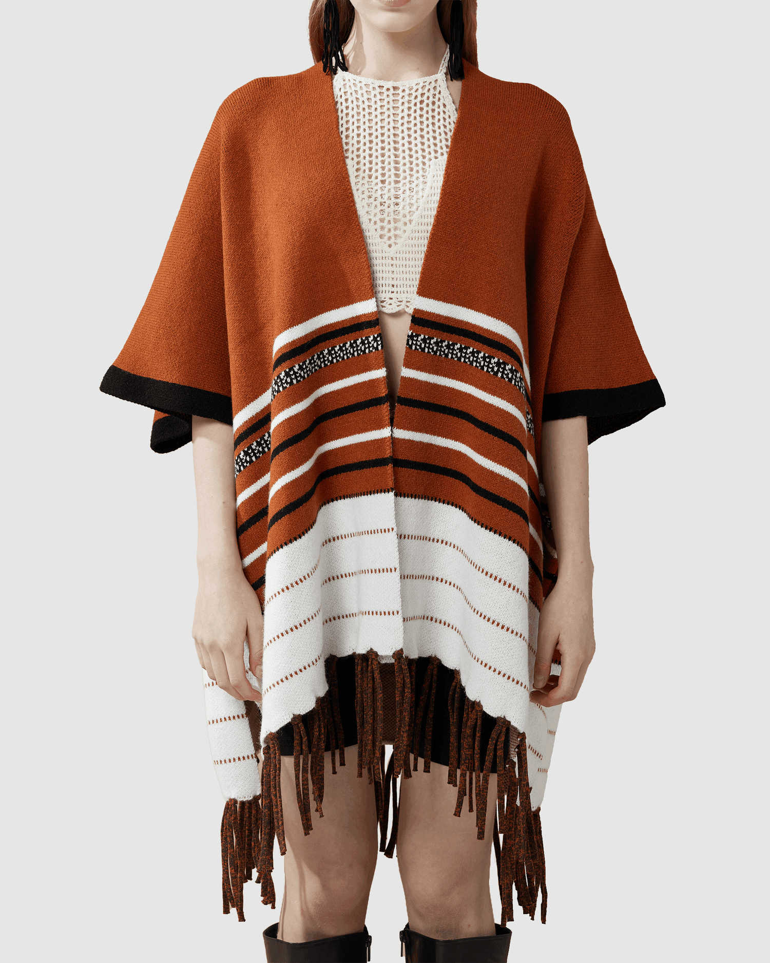 Western Striped Fringed Ruana Poncho Sweater Cardigan - Rust - noflik