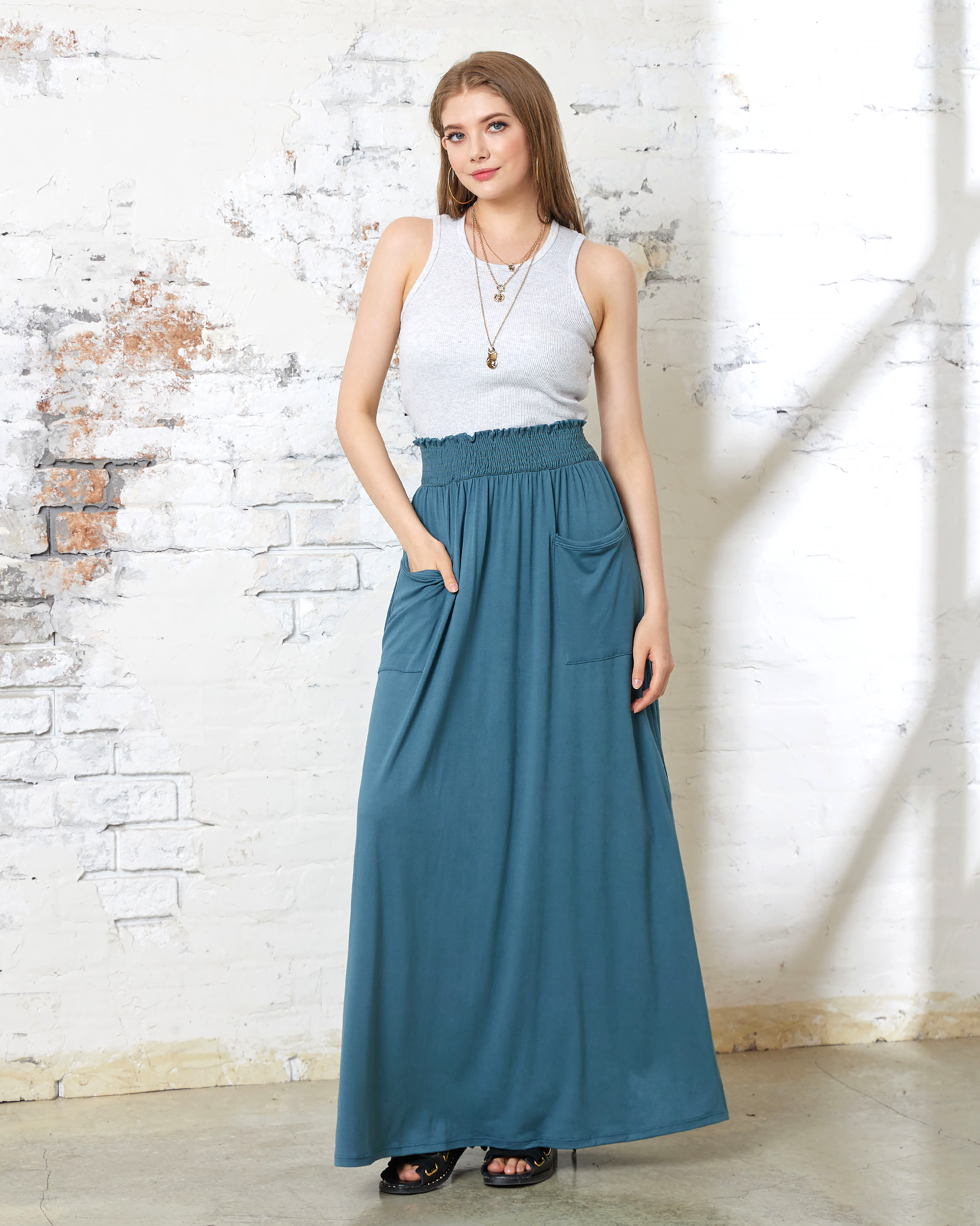 Antique Blue Maxi Skirt - Smocked Waist & Patched Pockets