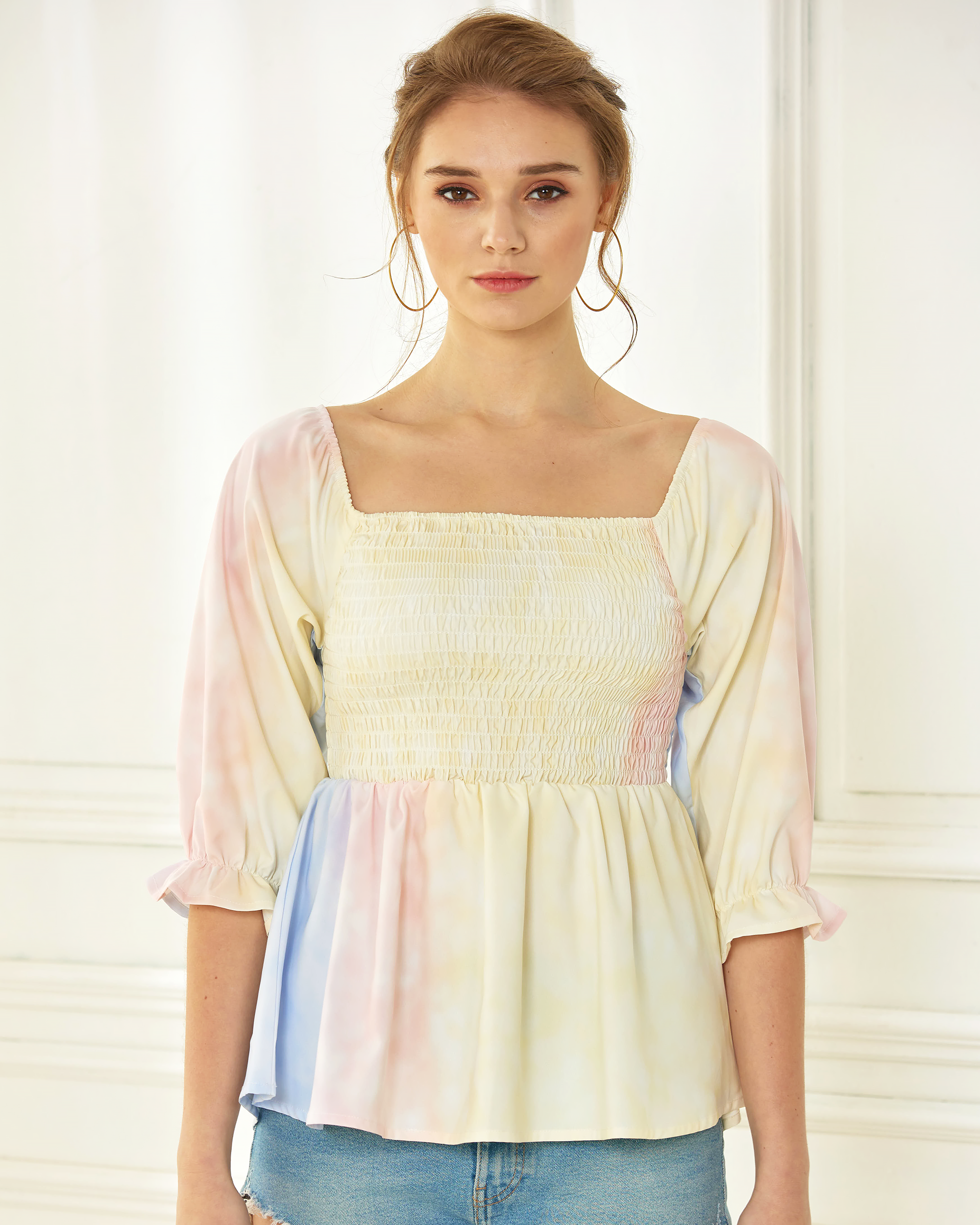 Ombre smocked ruffle babydoll top