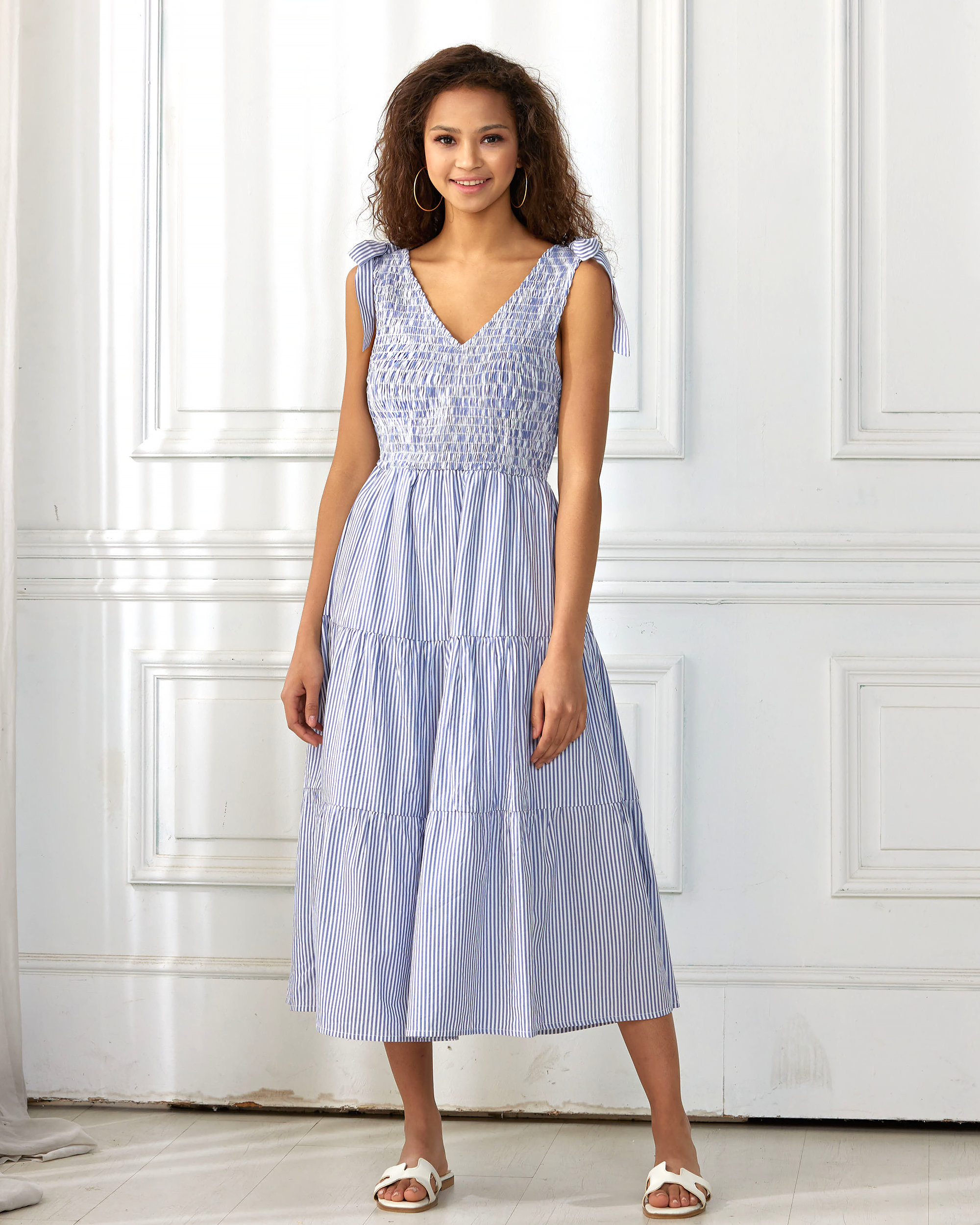 Blue Stripe Smocked Midi Dress - Elegant & Chic