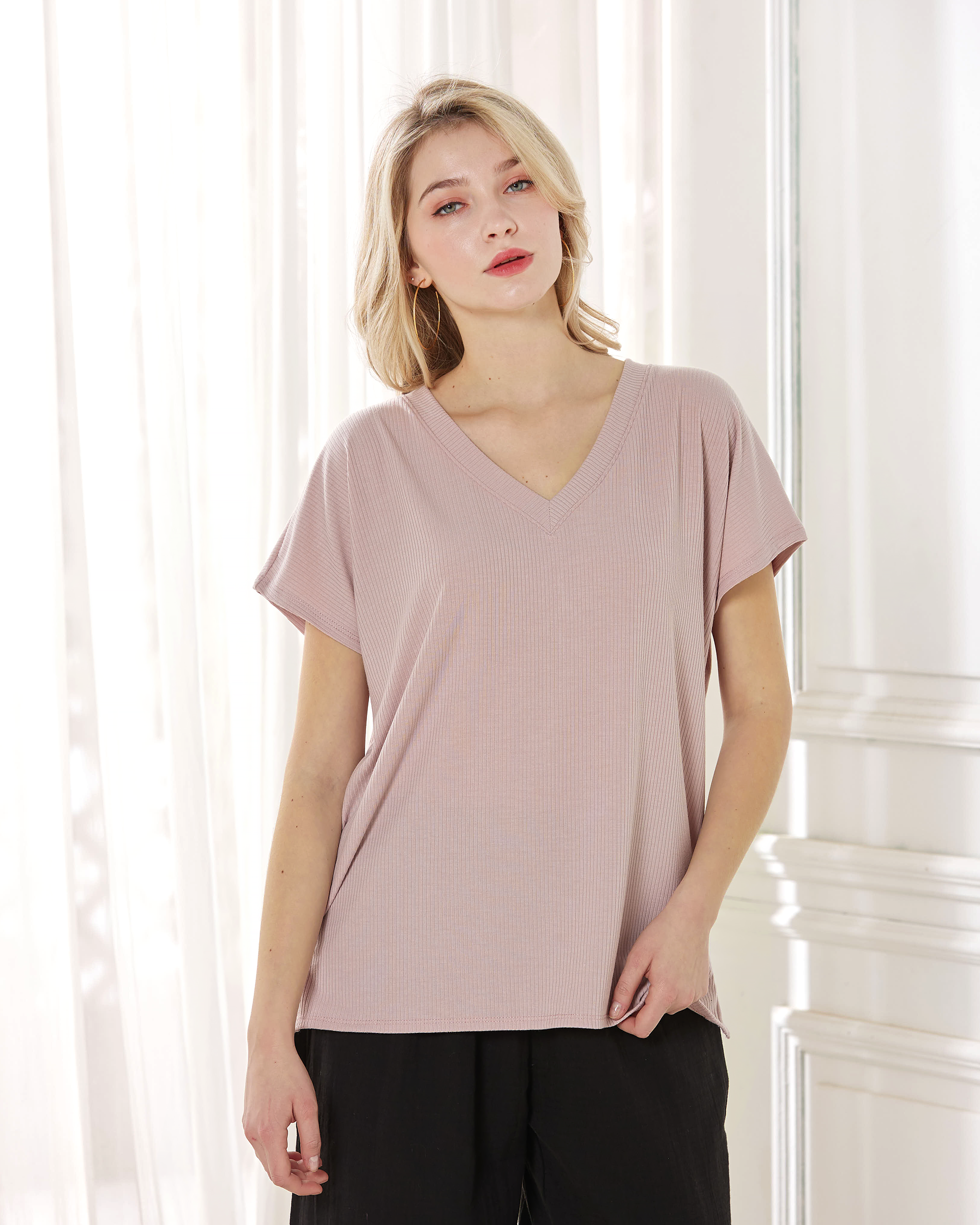 Taupe V-Neck Ribbed Knit Top - Short Sleeve