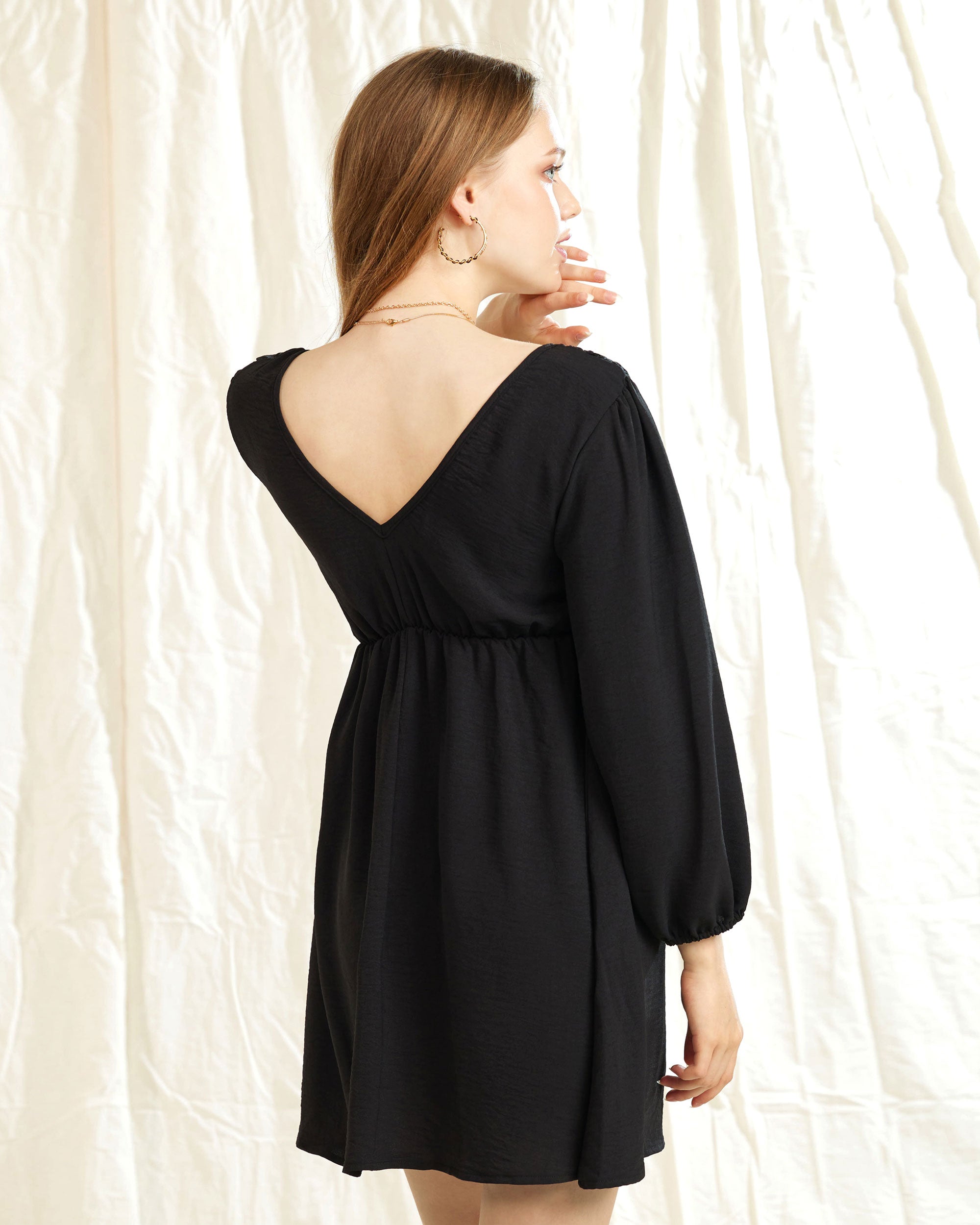 Black V-Neck Smocked Mini Dress