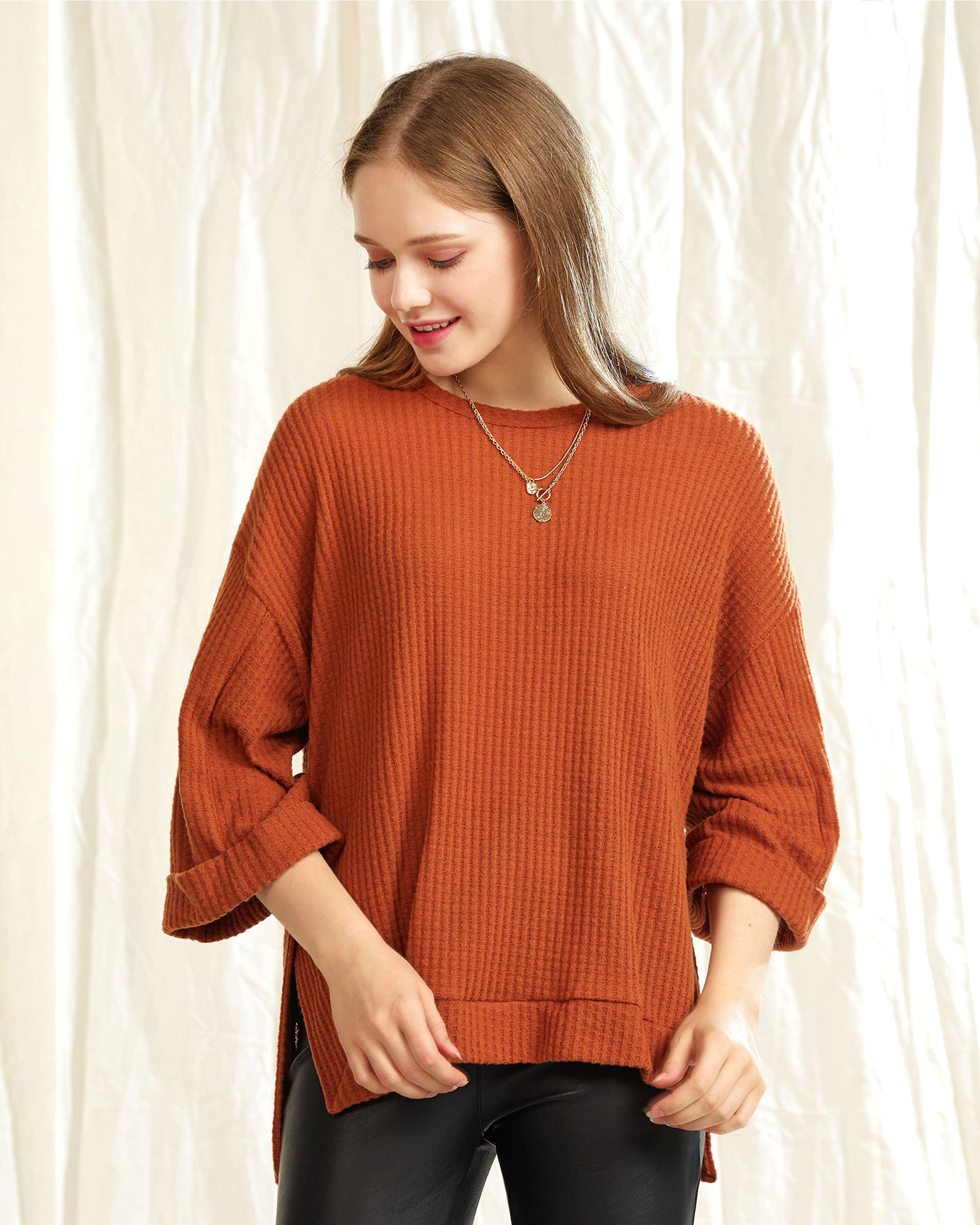 Rust oversized waffle knit top