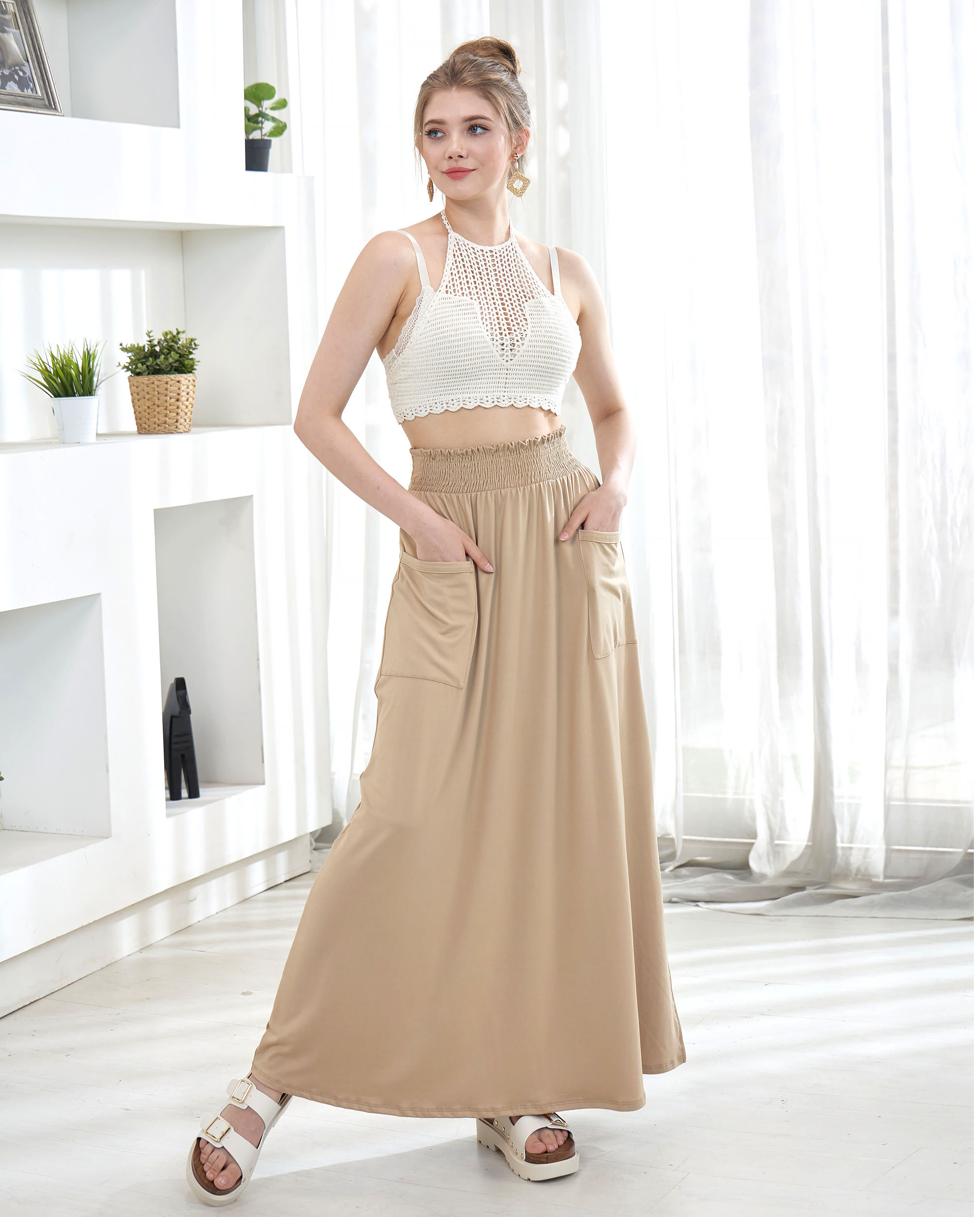 Taupe Maxi Skirt - Smocked Waist & Patched Pockets