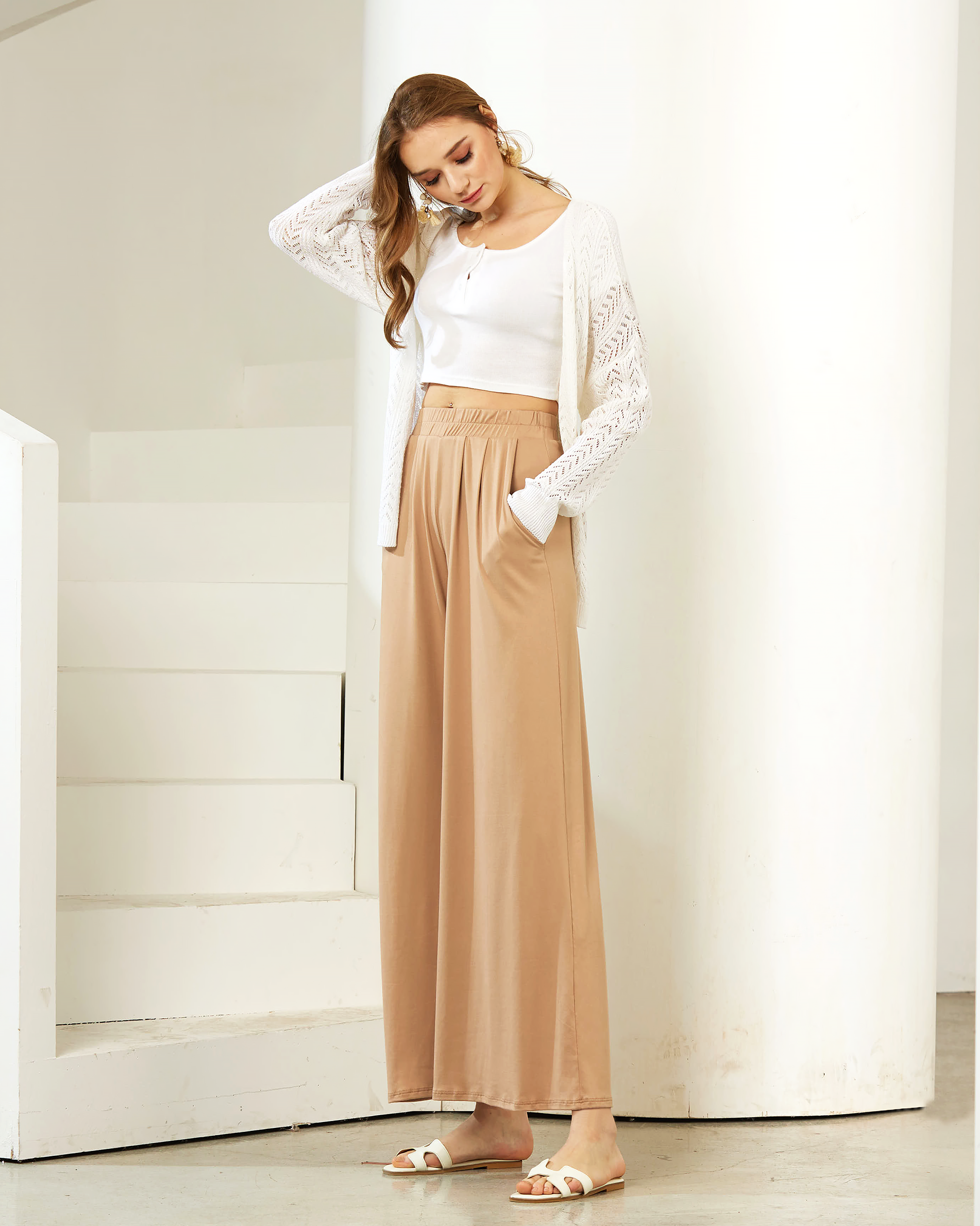 Dark Taupe High Waisted Knit Wide Leg Pants