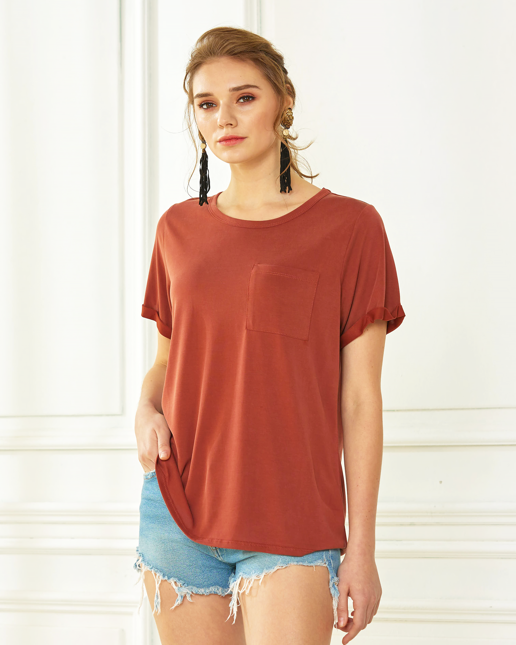 Spicy Brown Cupro Basic Tee: Timeless Style