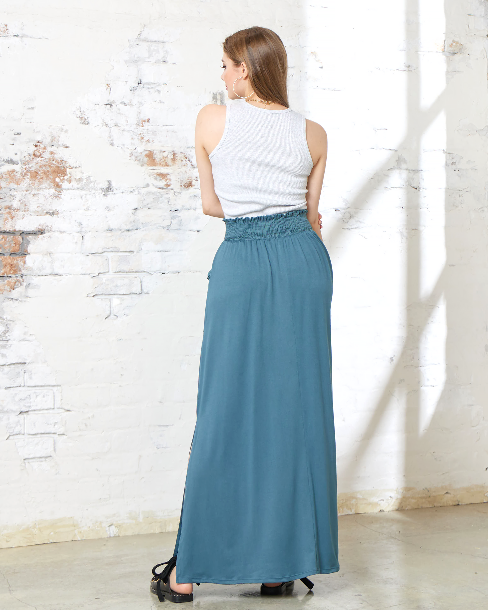 Antique Blue Maxi Skirt - Smocked Waist & Patched Pockets