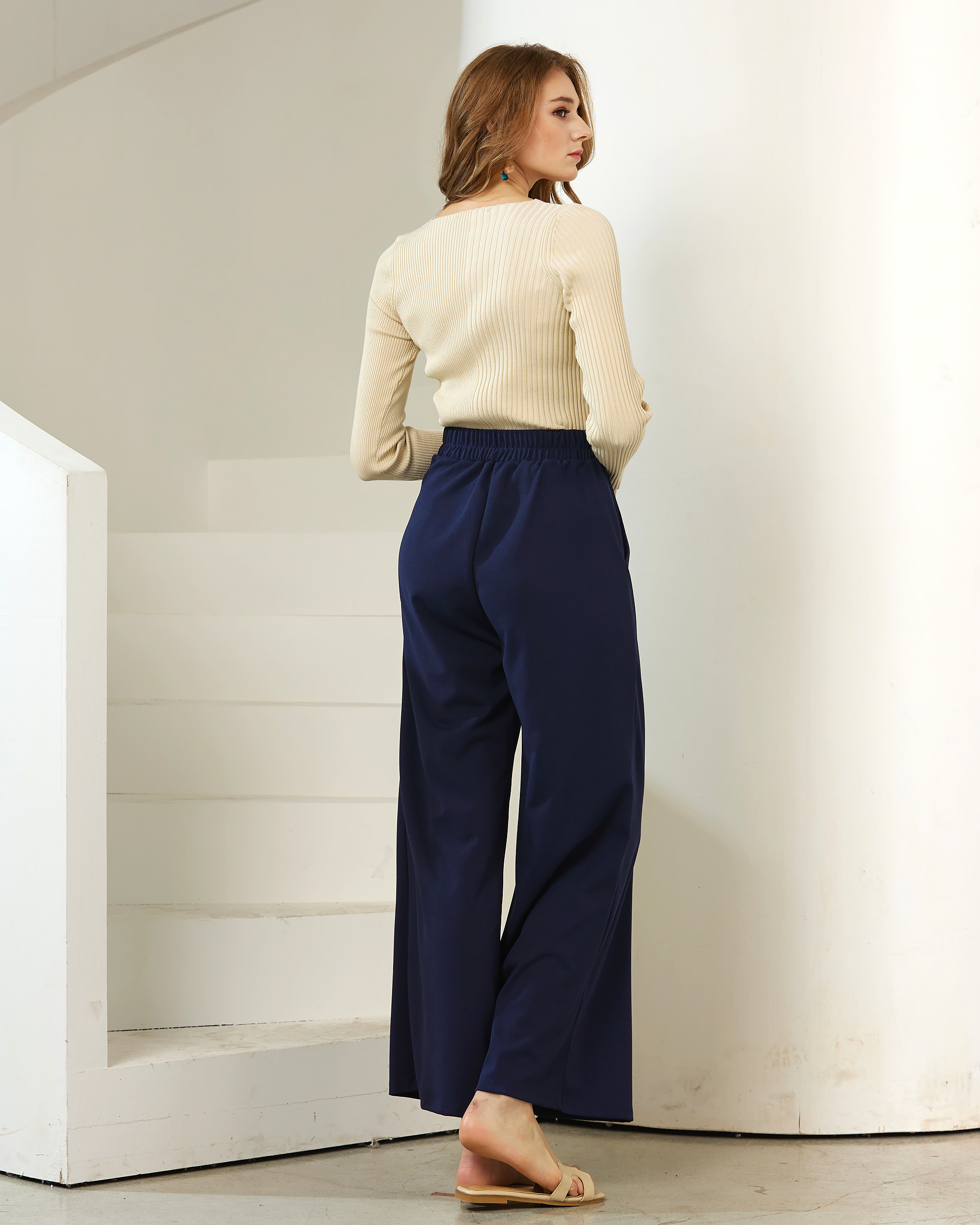 Navy High Waisted Pleated Wide Leg Pants