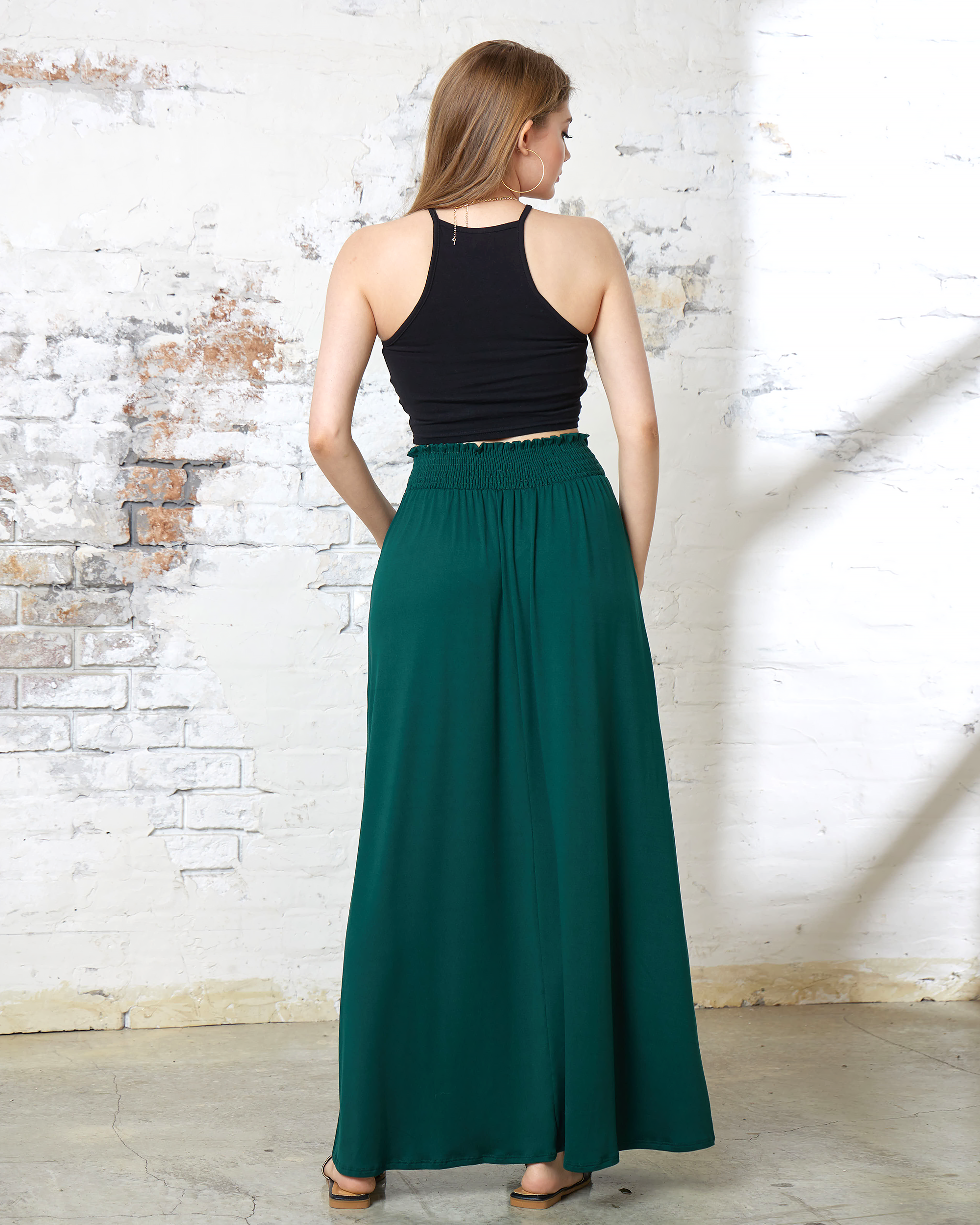 Hunter Green Maxi Skirt - Smocked Waist & Patched Pockets