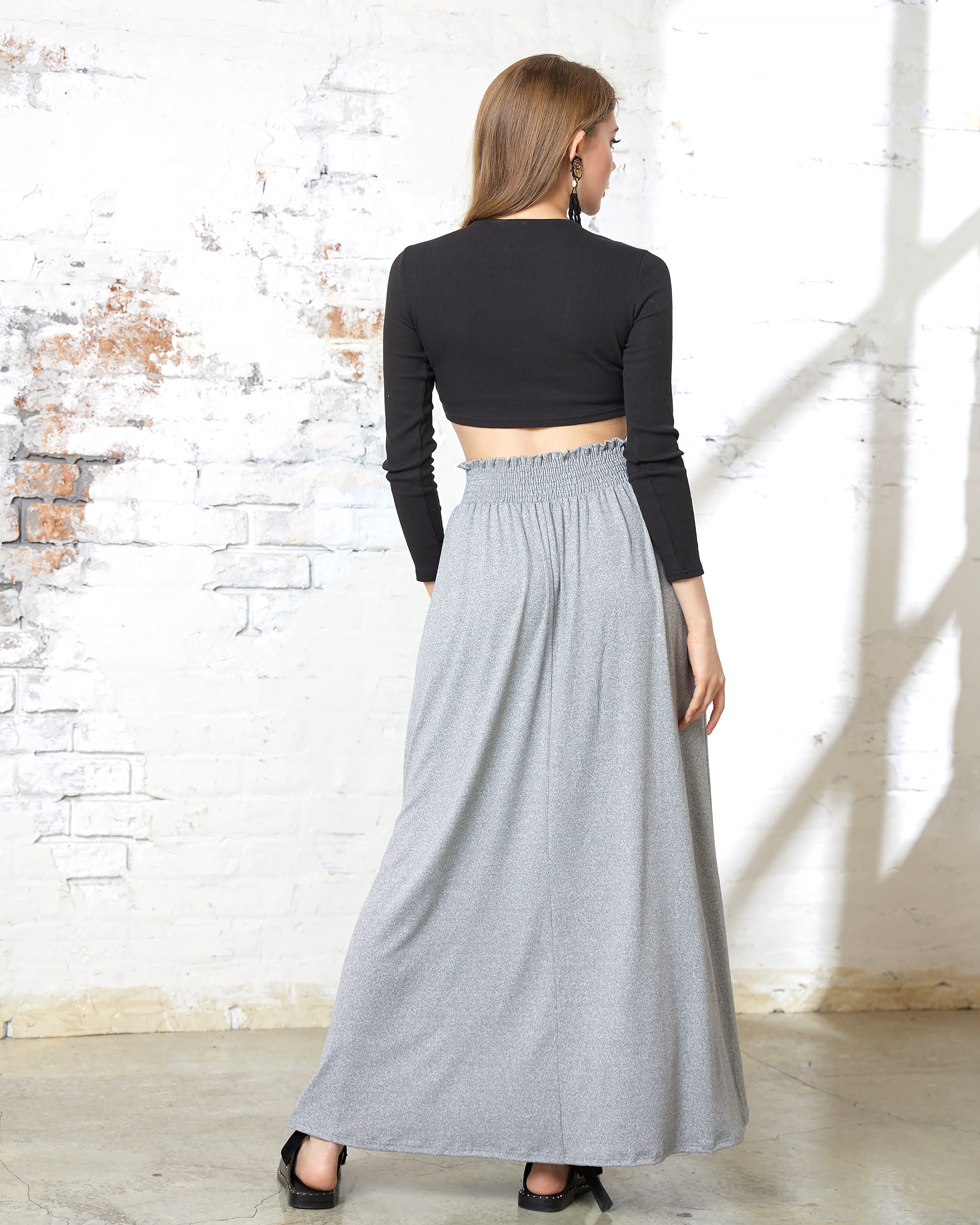 Heather Grey Maxi Skirt - Smocked Waist & Patched Pockets