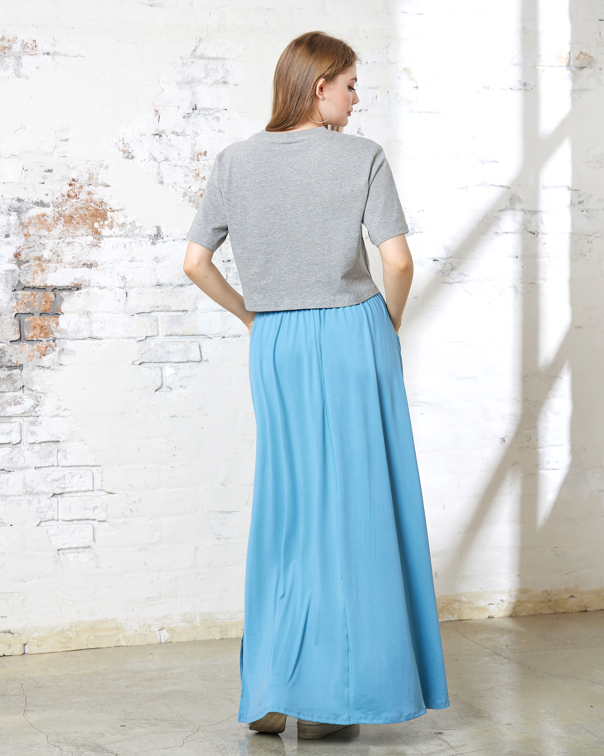 Blue Grey Maxi Skirt - Smocked Waist & Patched Pockets