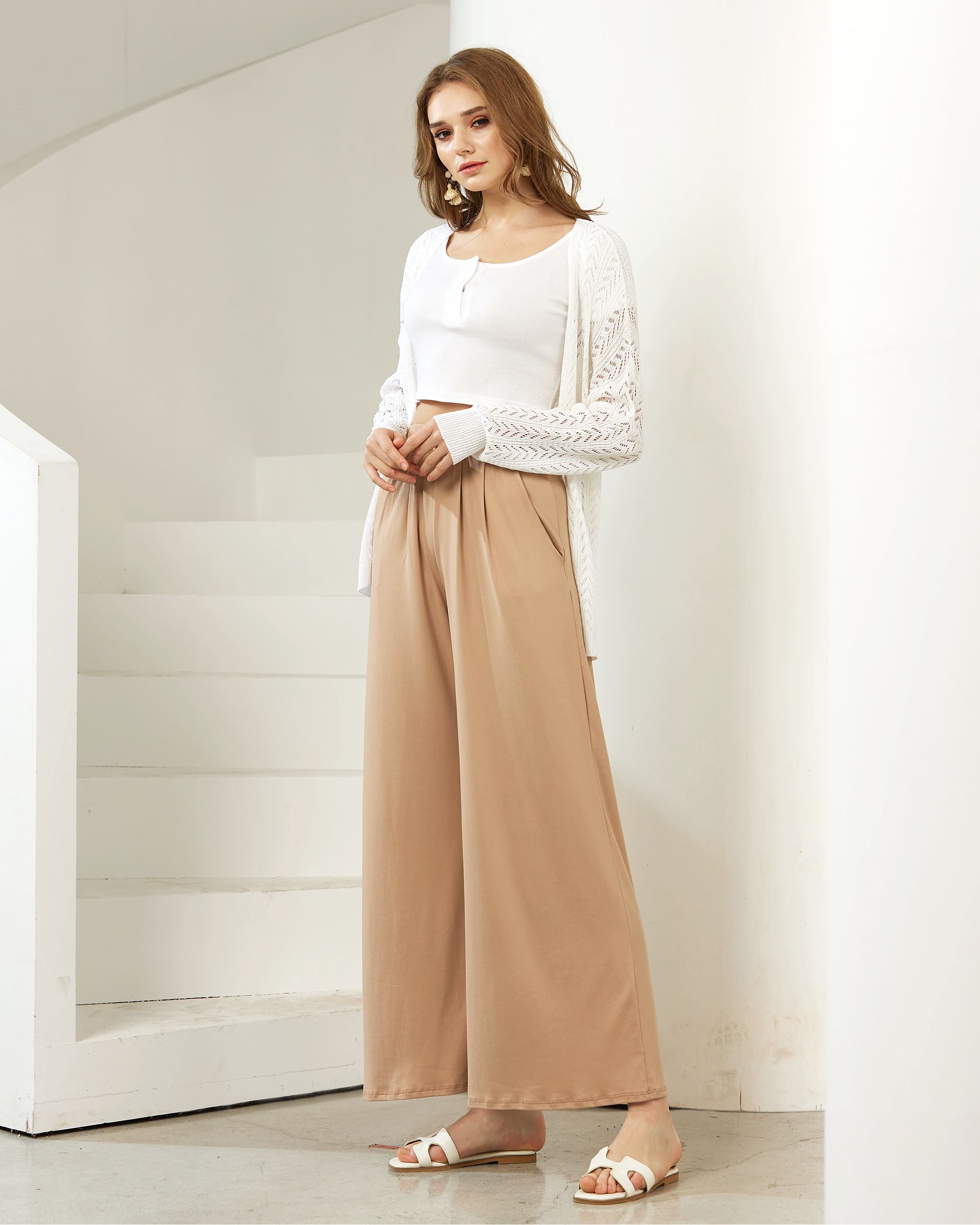 Dark Taupe High Waisted Knit Wide Leg Pants
