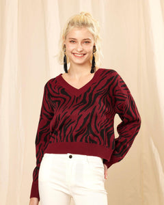 Animal Print Sweater (Zebra) - Burgundy - noflik