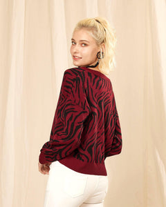 Animal Print Sweater (Zebra) - Burgundy - noflik