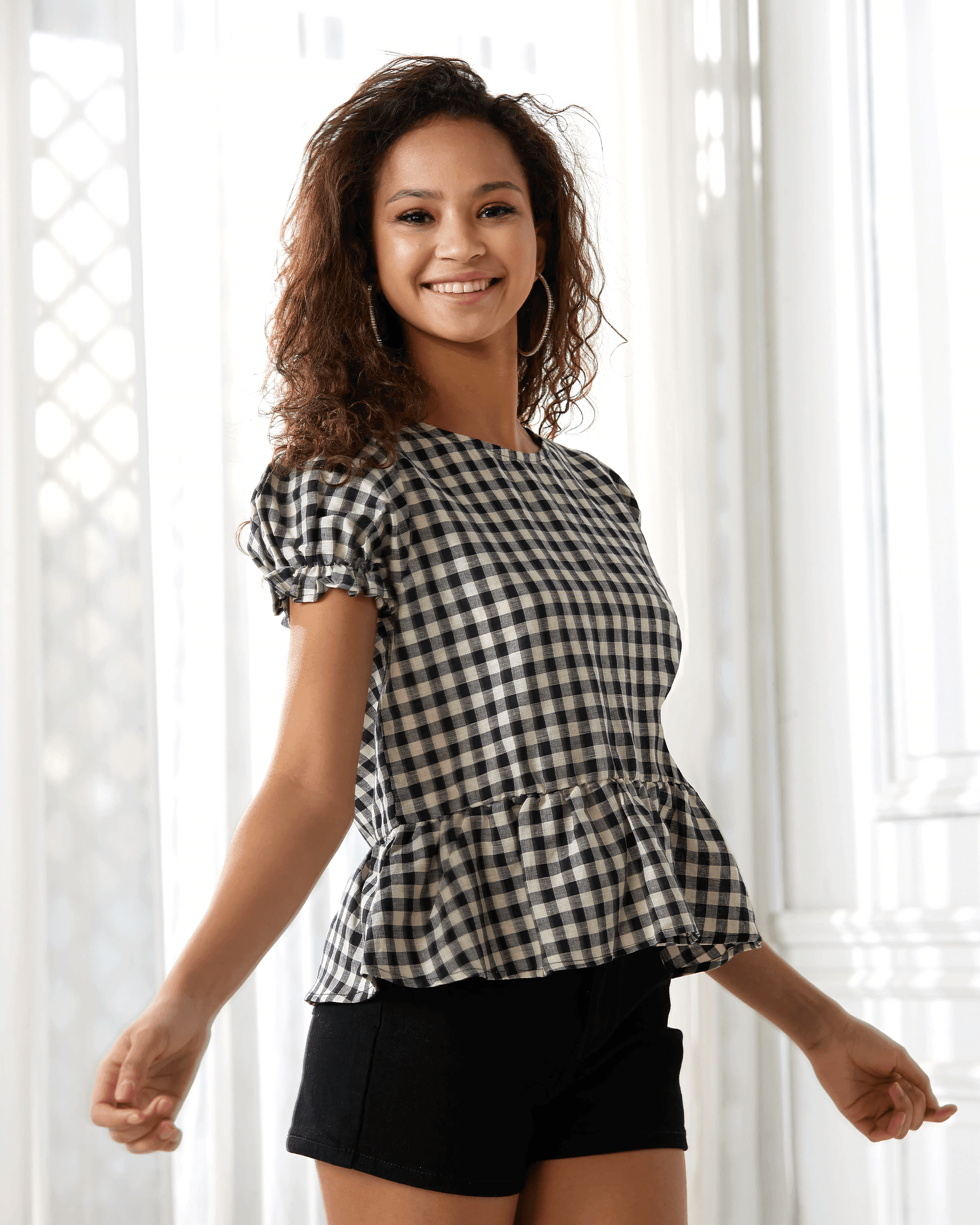 Classic Black Natural Gingham Peplum Top