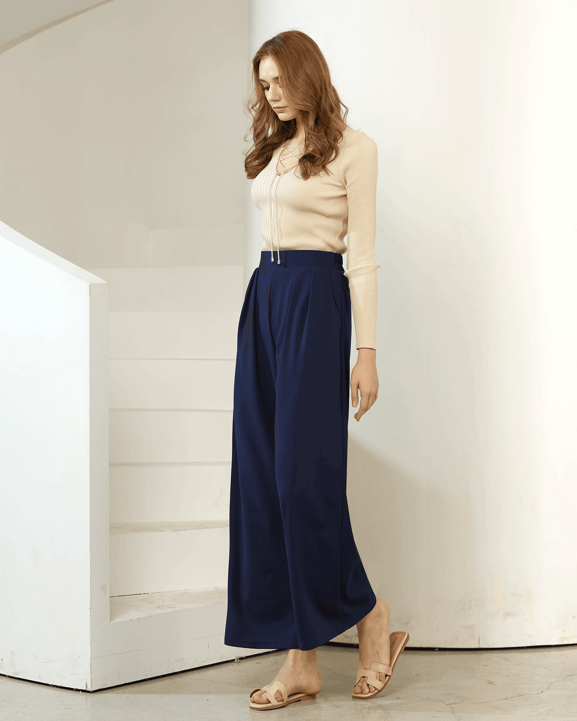 Navy High Waisted Pleated Wide Leg Pants