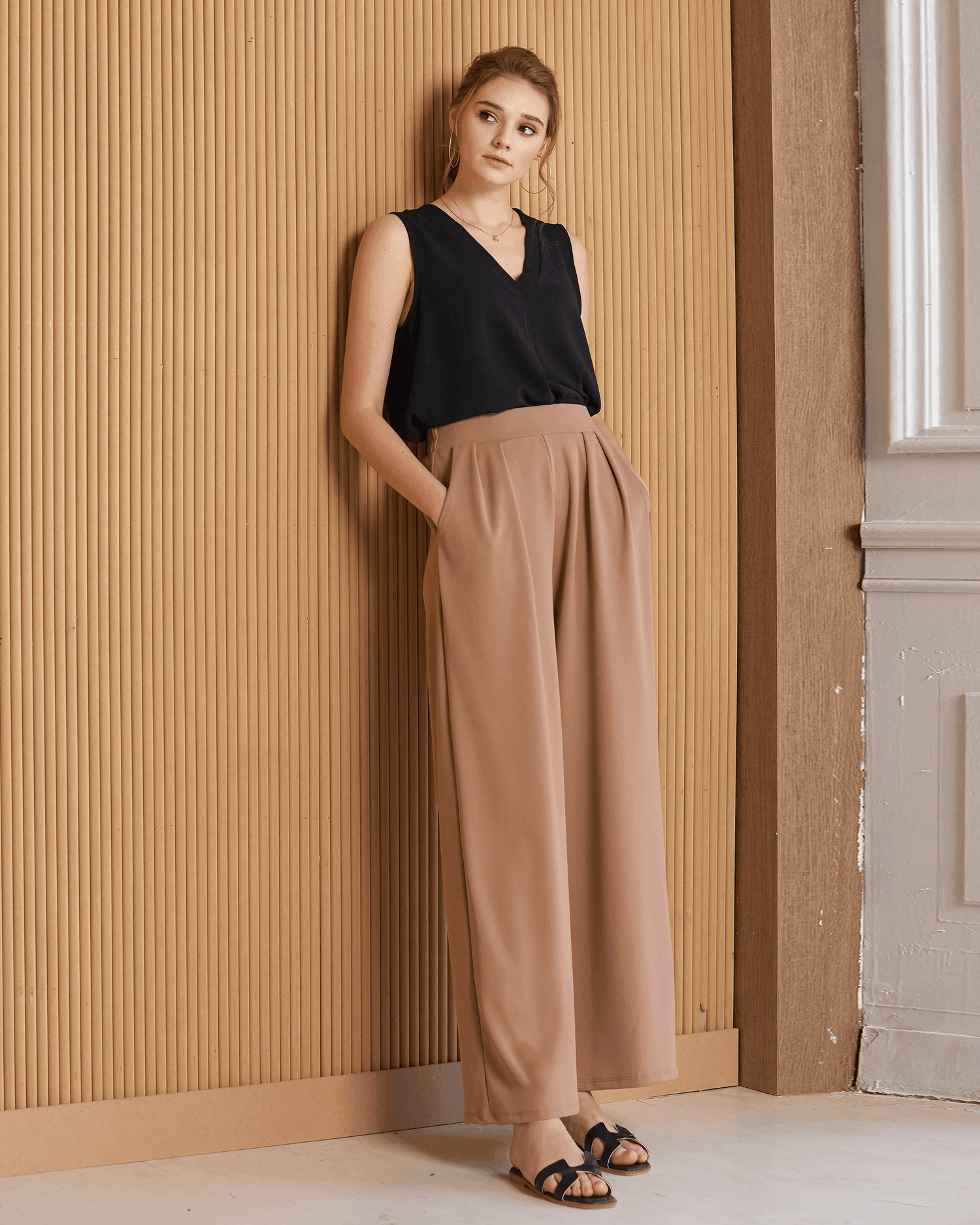 High Waisted Pleated Wide Leg Pants - Taupe - noflik