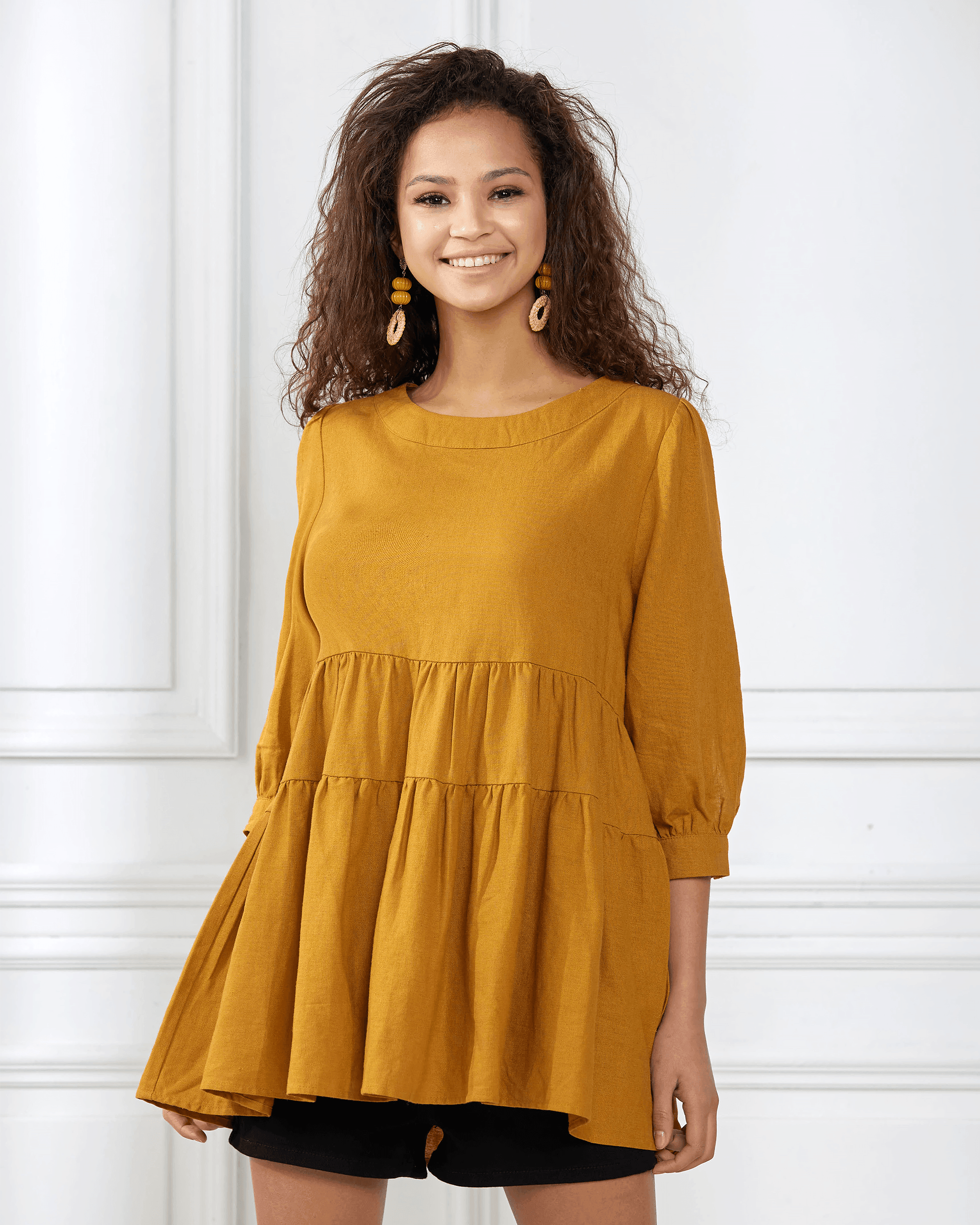 Mustard Linen Blend Tiered Tunic