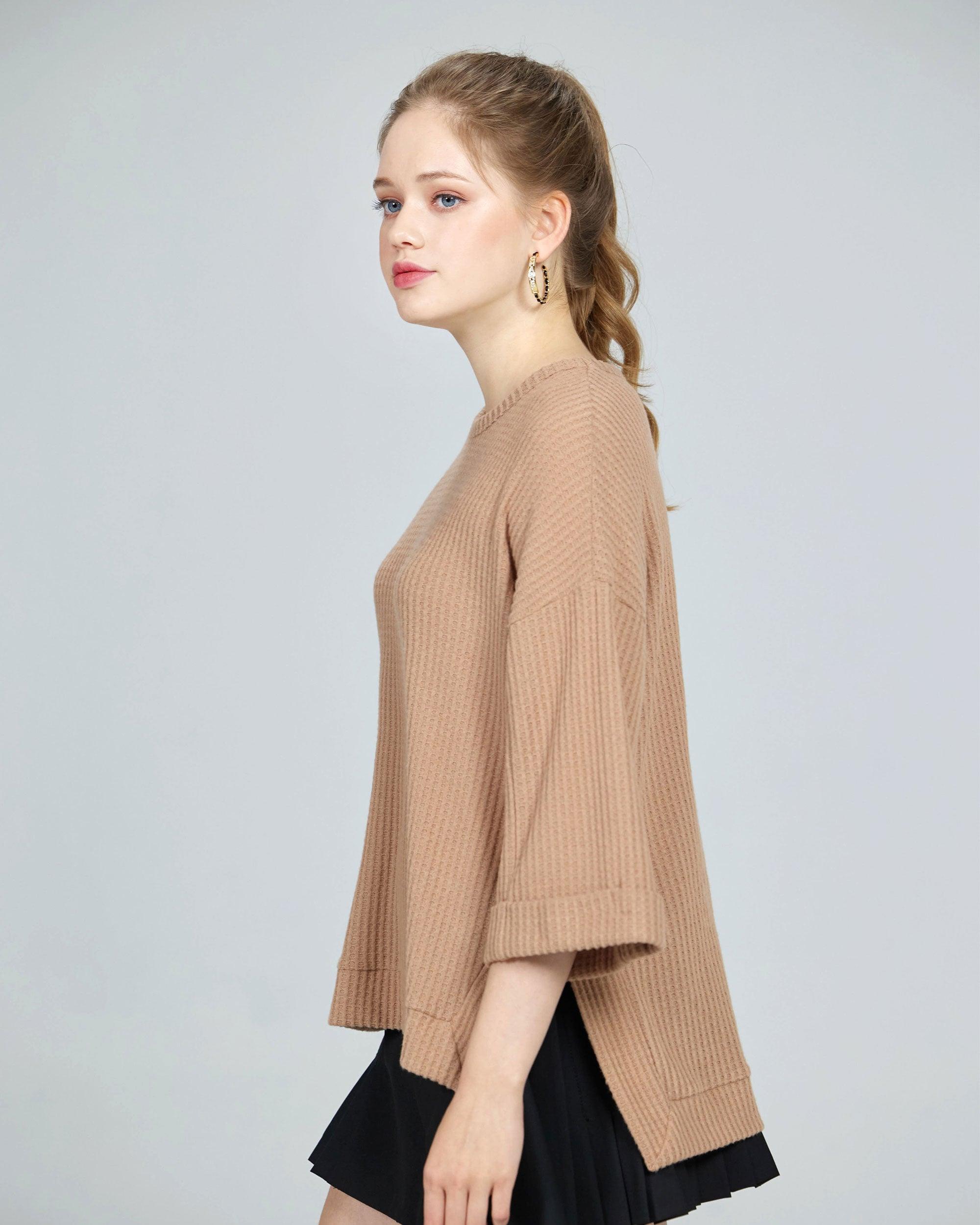 Camel oversized waffle knit top