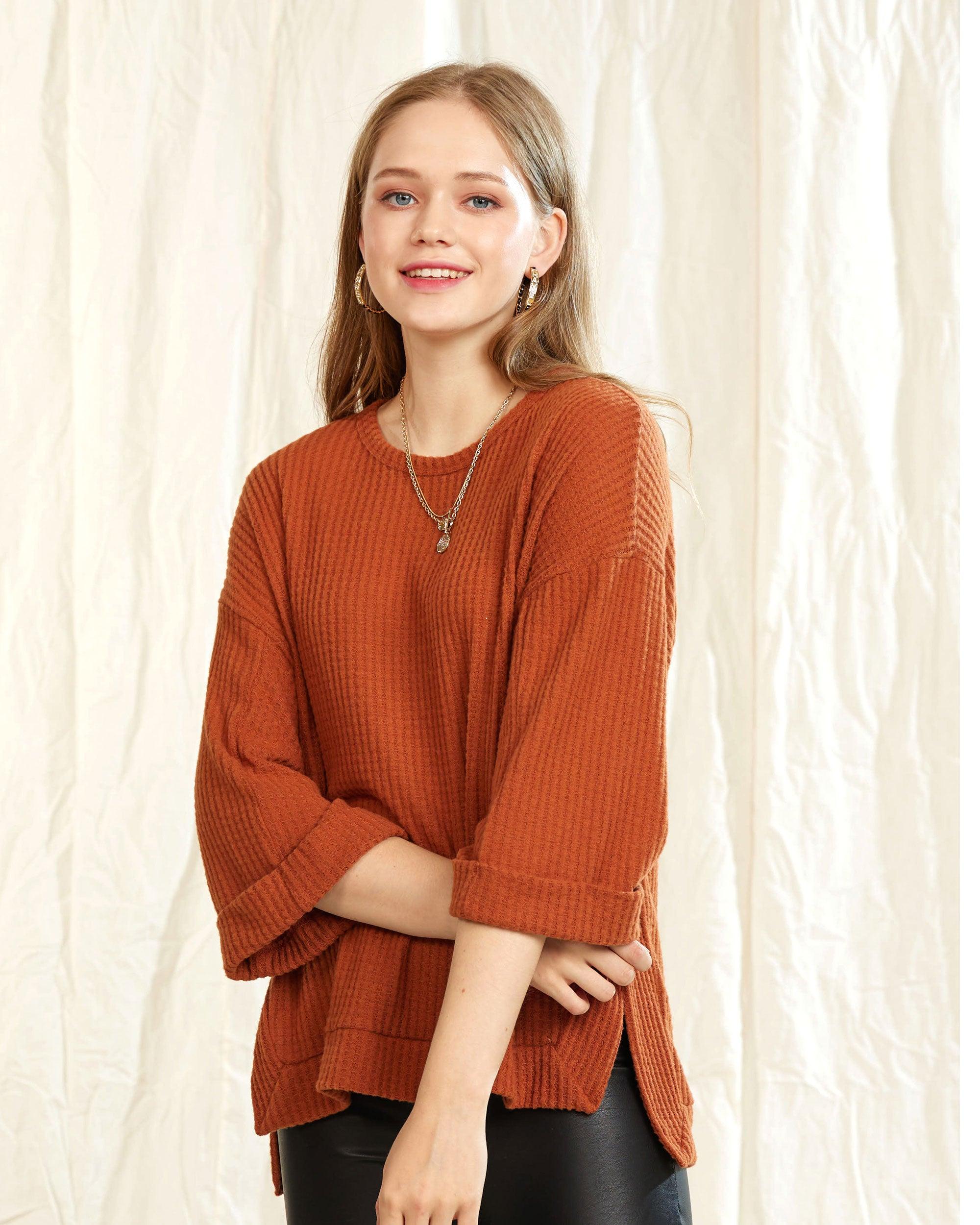 Rust oversized waffle knit top