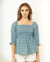 Smocked Ruffle Babydoll Top - Blue Geo - noflik