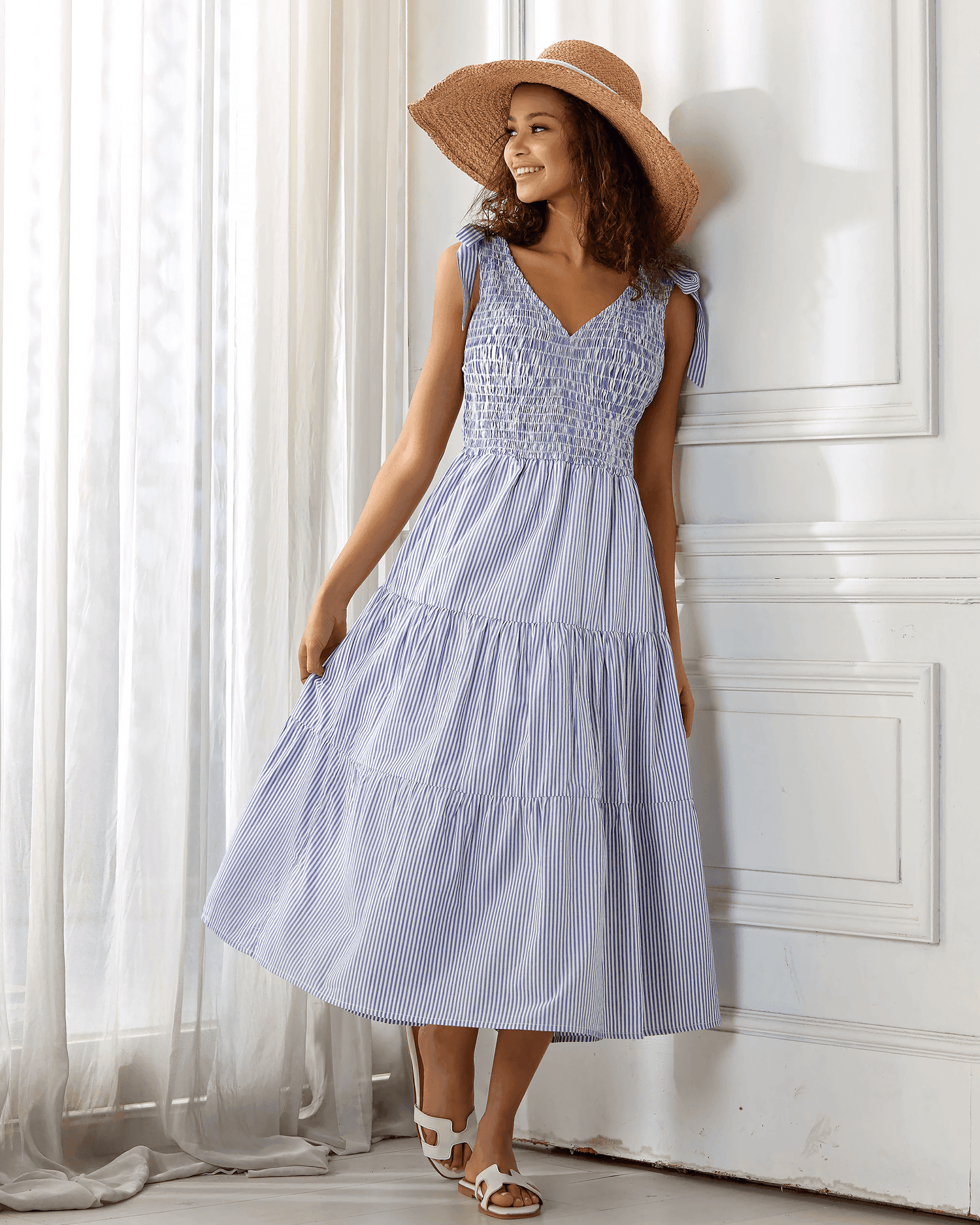 Smocked Tiered Midi Dress - Blue Stripe - noflik