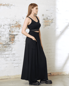 Smocked Waist Patched Pocket Maxi Skirt - Black - noflik