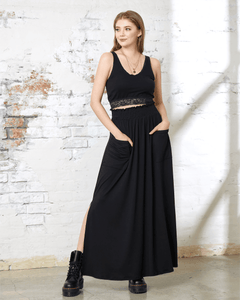 Smocked Waist Patched Pocket Maxi Skirt - Black - noflik