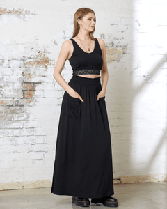 Smocked Waist Patched Pocket Maxi Skirt - Black - noflik