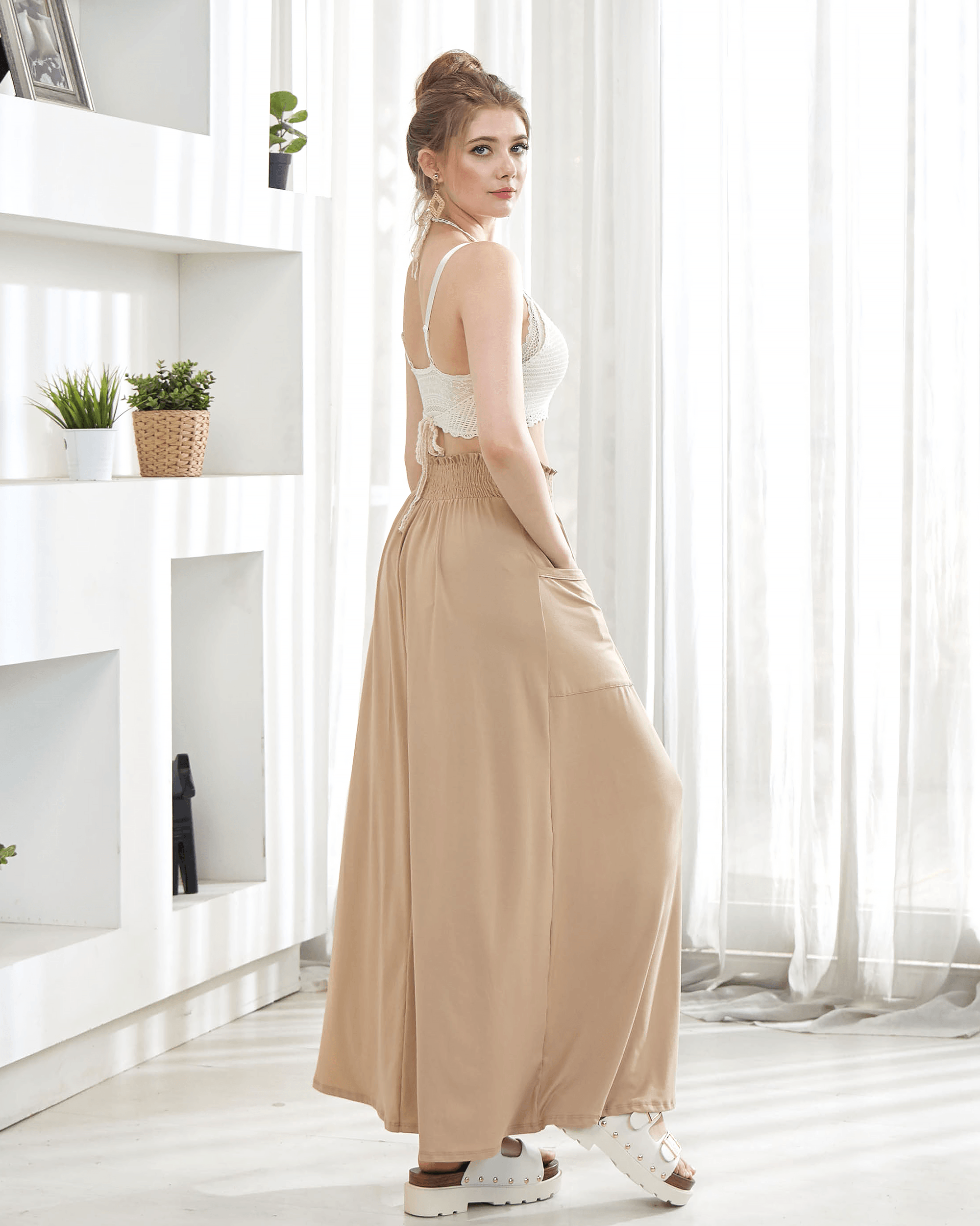 Taupe Maxi Skirt - Smocked Waist & Patched Pockets