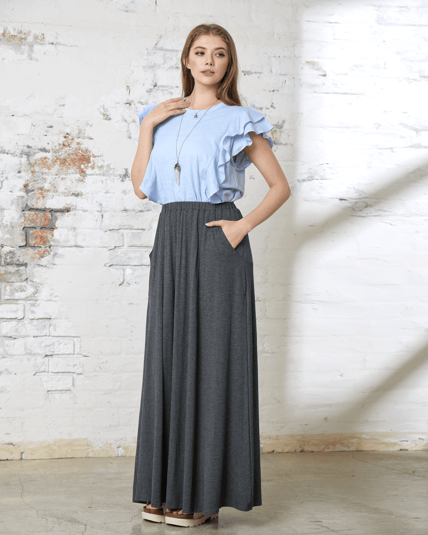 Soft Lightweight Flowy Maxi Skirt - 2T Charcoal - noflik