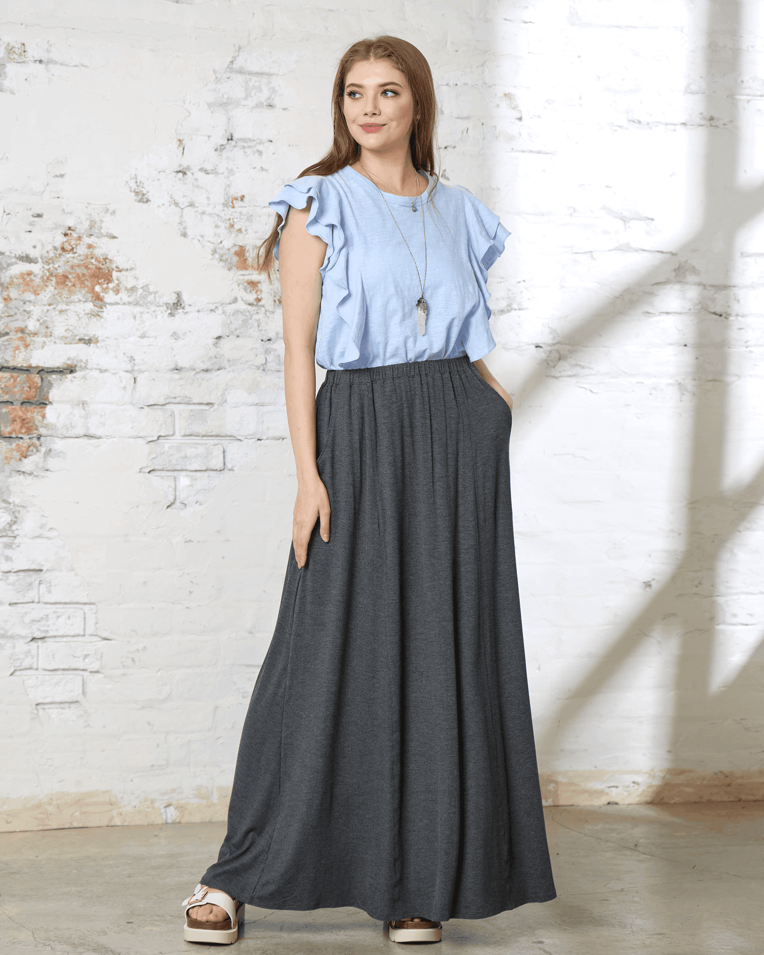 Soft Lightweight Flowy Maxi Skirt - 2T Charcoal - noflik