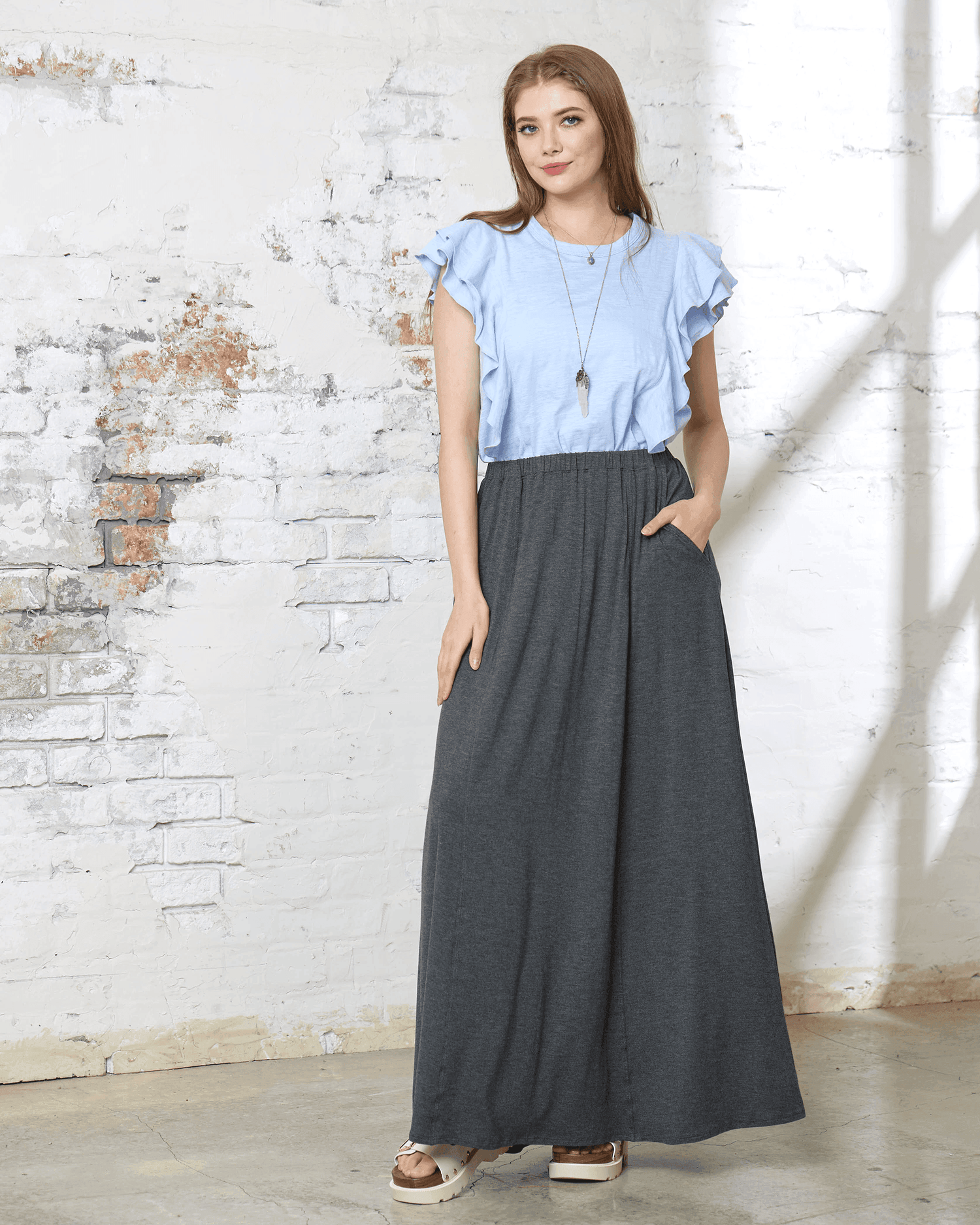 Soft Lightweight Flowy Maxi Skirt - 2T Charcoal - noflik