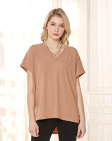 V-Neck Short Sleeve Ribbed Knit Top - Camel - noflik