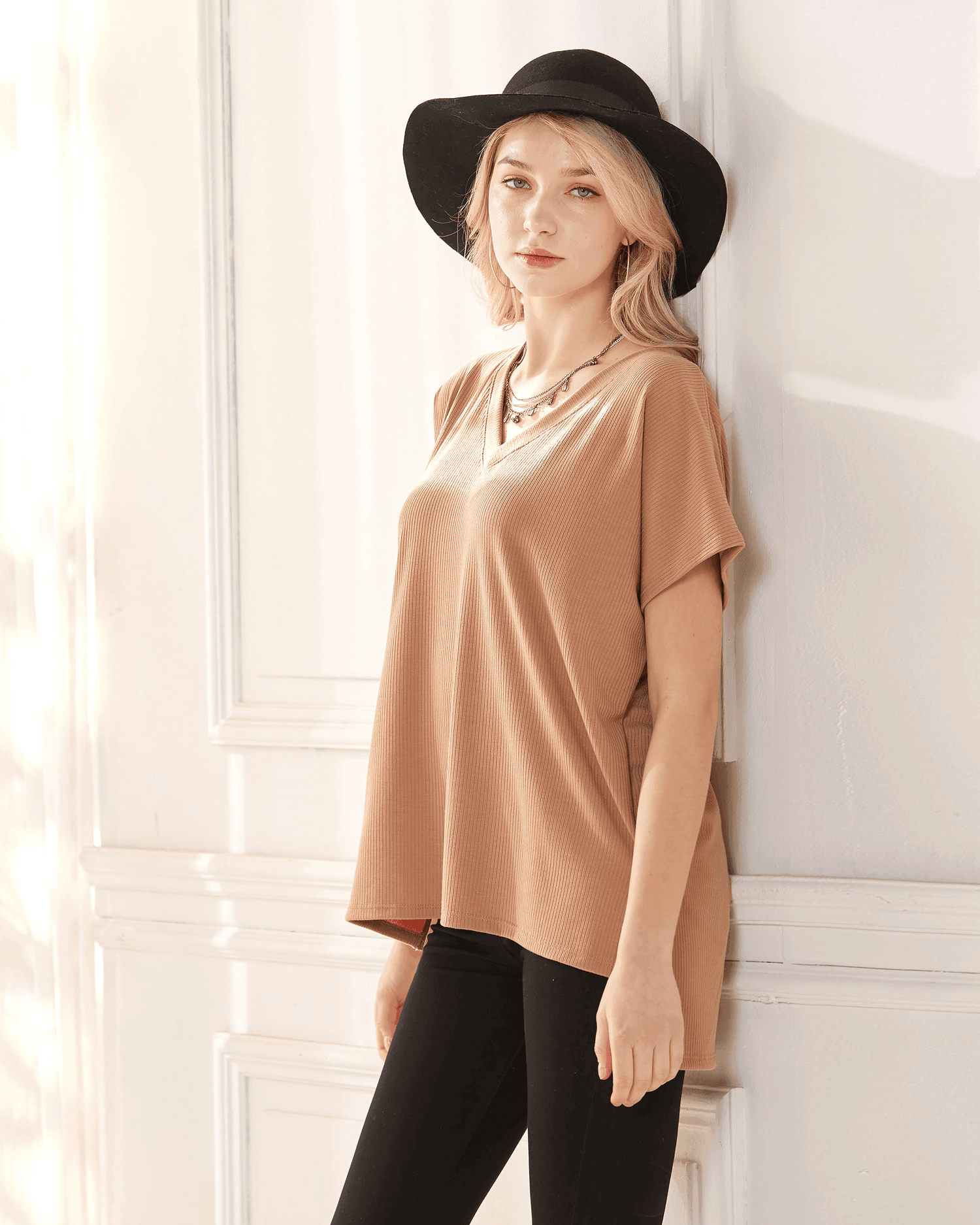 V-Neck Short Sleeve Ribbed Knit Top - Camel - noflik