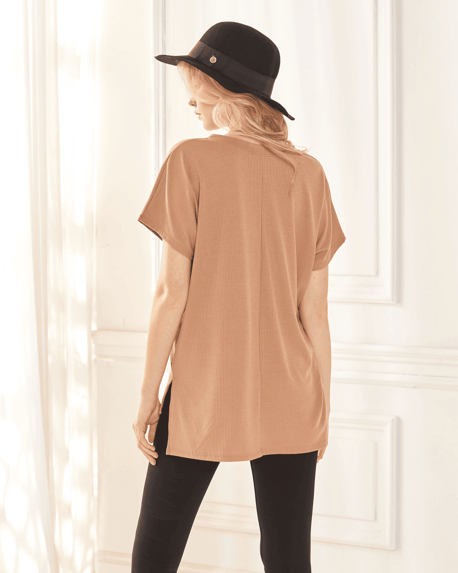 V-Neck Short Sleeve Ribbed Knit Top - Camel - noflik