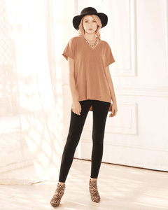 V-Neck Short Sleeve Ribbed Knit Top - Camel - noflik