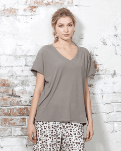 V-Neck Short Sleeve Ribbed Knit Top - Mushroom - noflik