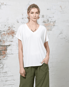 V-Neck Short Sleeve Ribbed Knit Top - Off White - noflik